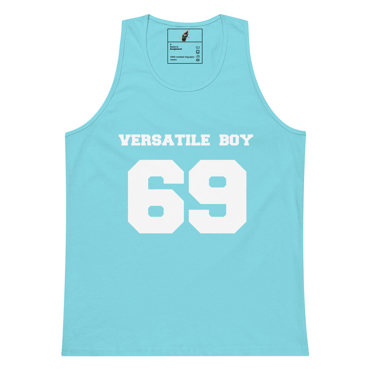 A light blue tank top with 'VERSATILE BOY' and the number '69' printed in white on the front, displayed against a solid white background.