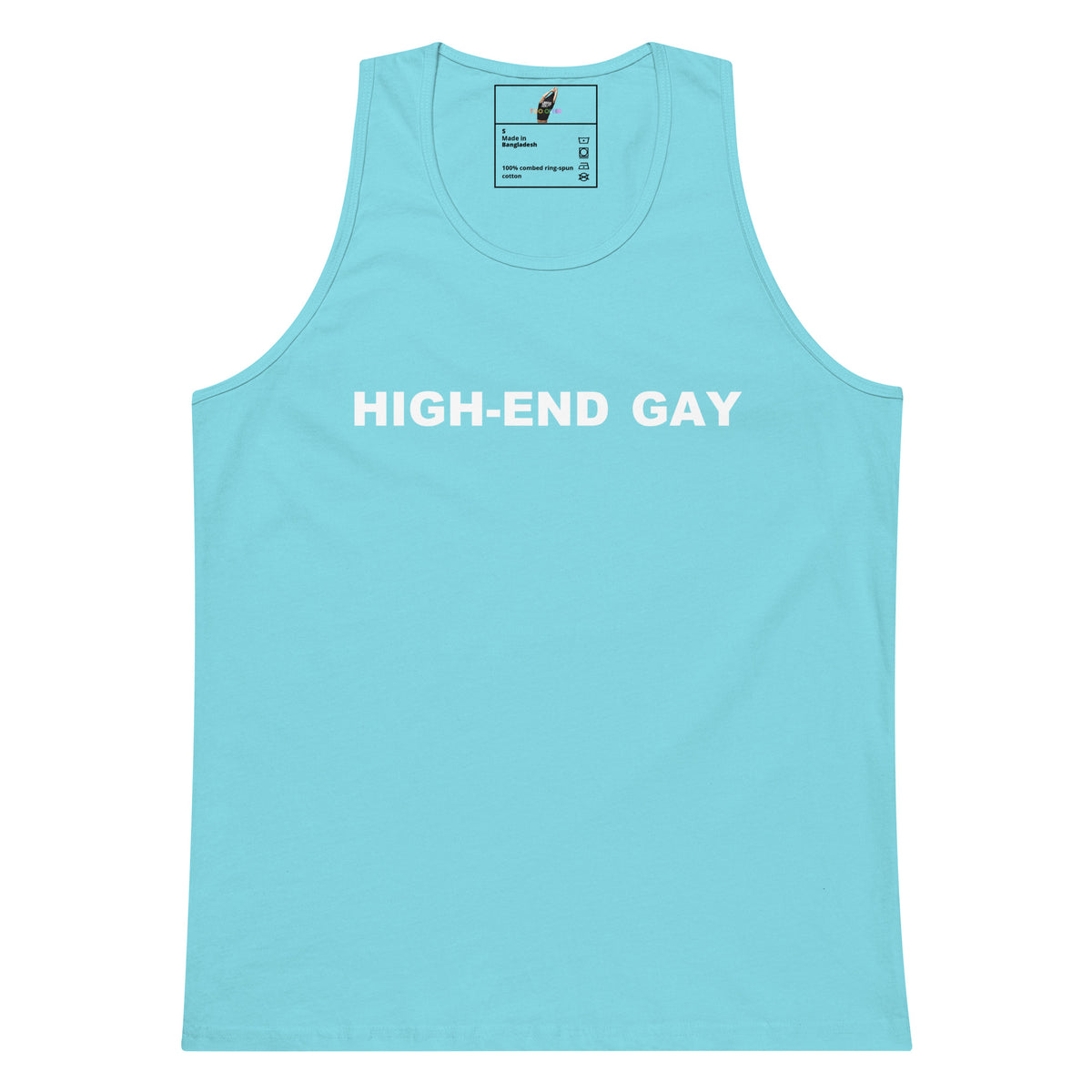A light blue tank top with the words 'HIGH-END GAY' printed in white across the chest, displayed flat against a white background.