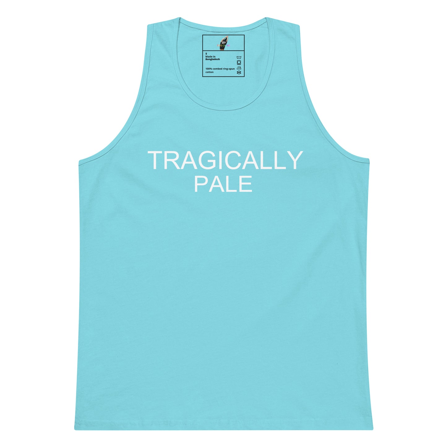 A light blue tank top with the words 'TRAGICALLY PALE' printed in white across the chest, displayed flat against a white background.