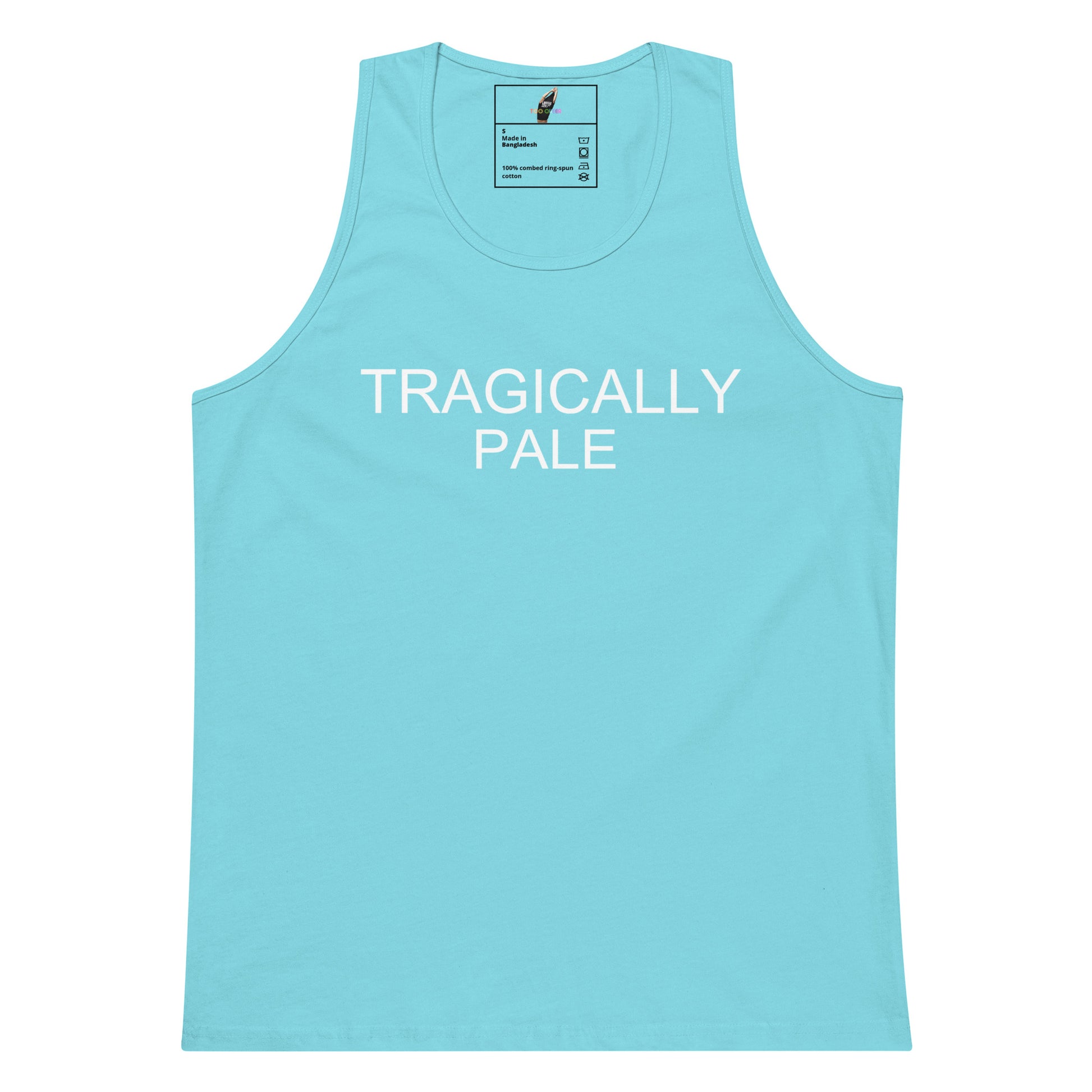 A light blue tank top with the words 'TRAGICALLY PALE' printed in white across the chest, displayed flat against a white background.