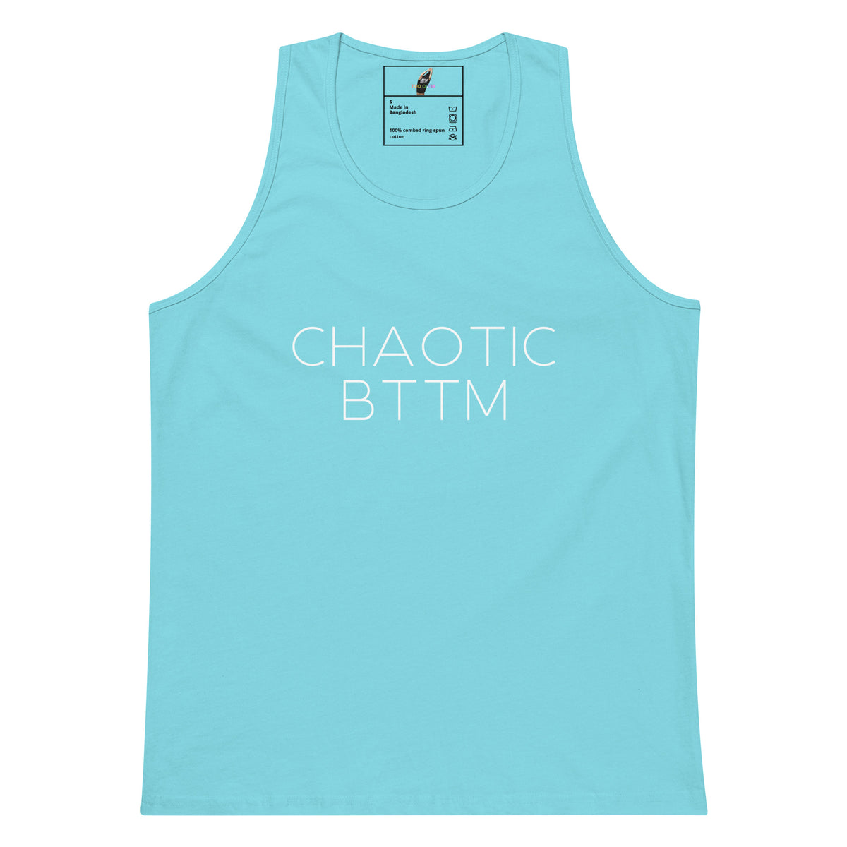 A light blue tank top with 'CHAOTIC BTTM' printed in white sans-serif text across the chest, displayed flat against a solid white background.