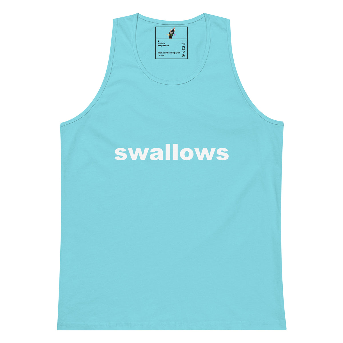 A light blue tank top with the word 'swallows' printed in white lowercase letters across the chest, displayed flat against a solid white background.