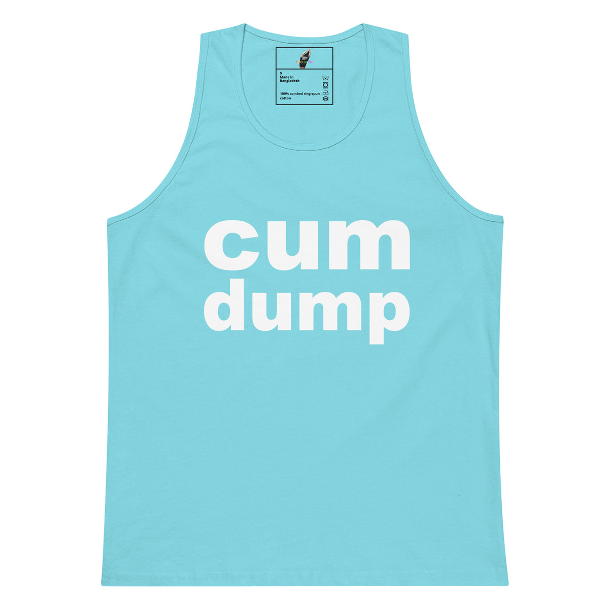 A light blue tank top with the words 'cum dump' printed in bold white lowercase letters across the front, shown on a plain white background.