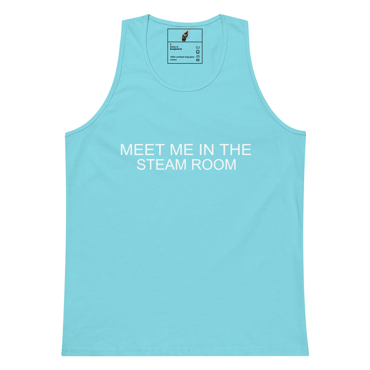 A light blue tank top with the text 'MEET ME IN THE STEAM ROOM' printed in white across the chest, displayed on a solid white background.
