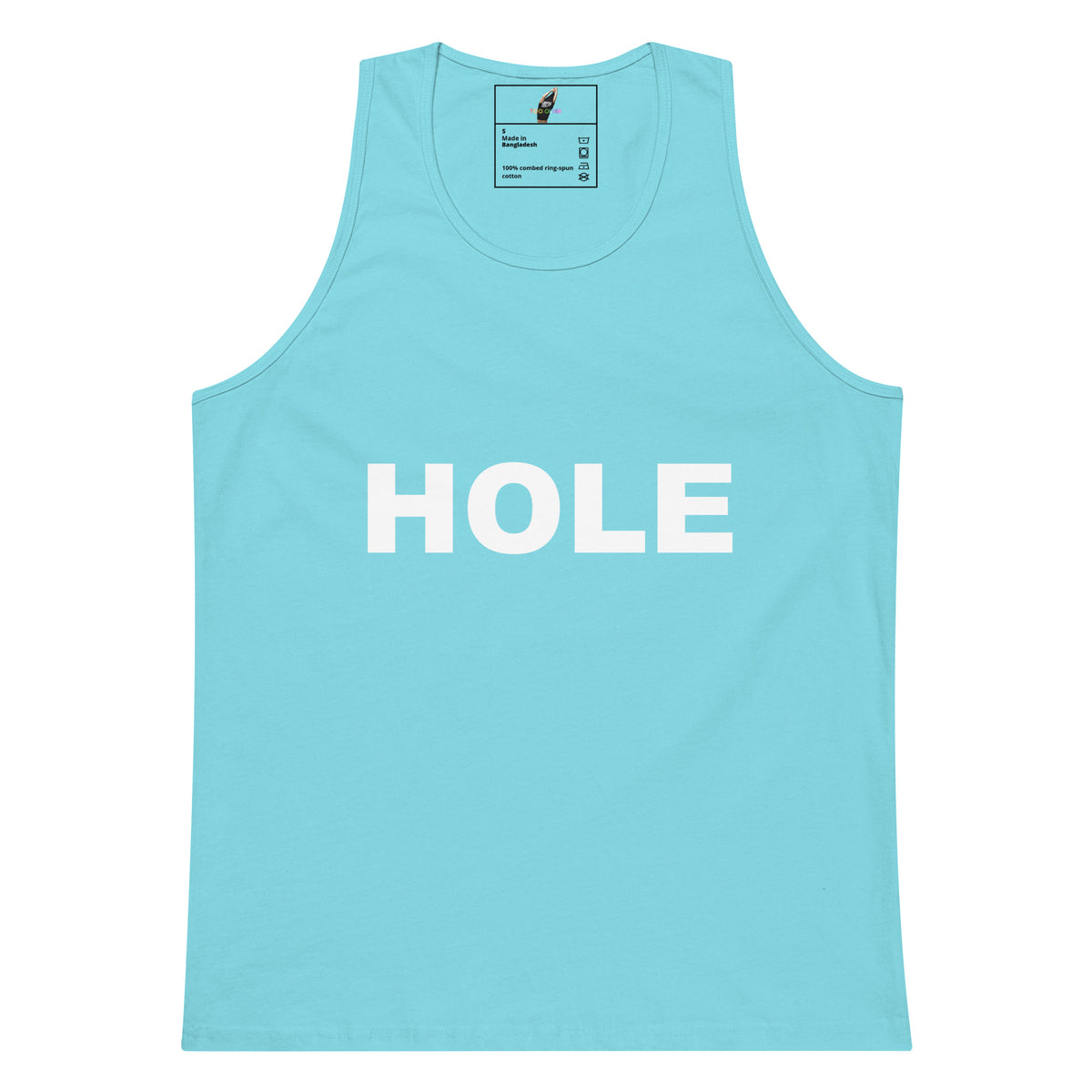 A light blue tank top with the word 'HOLE' printed in bold white capital letters across the chest, displayed flat against a solid white background.