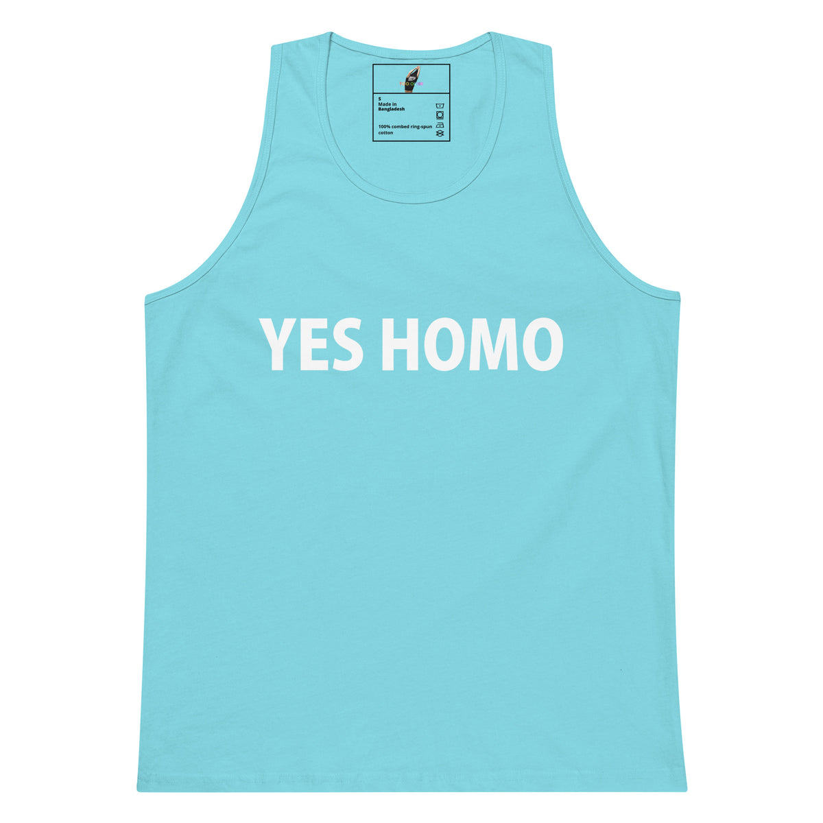 A light blue tank top with the words 'YES HOMO' printed in bold white capital letters across the chest, shown flat against a plain white background.
