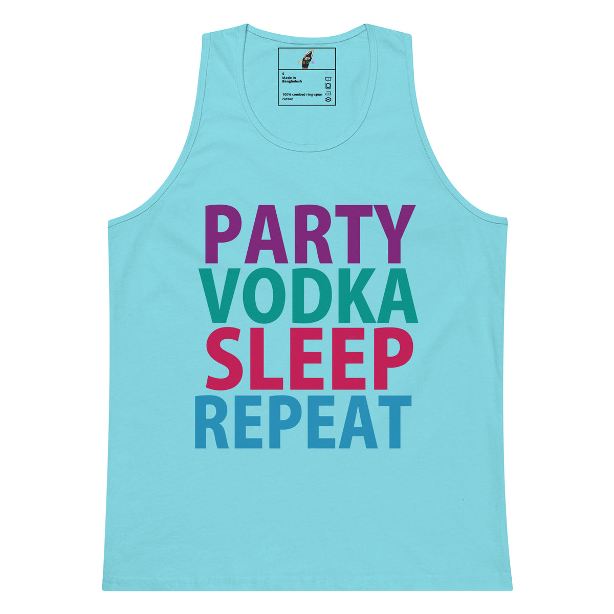A light blue tank top with the phrase 'PARTY VODKA SLEEP REPEAT' printed on the front in large, colorful block letters.