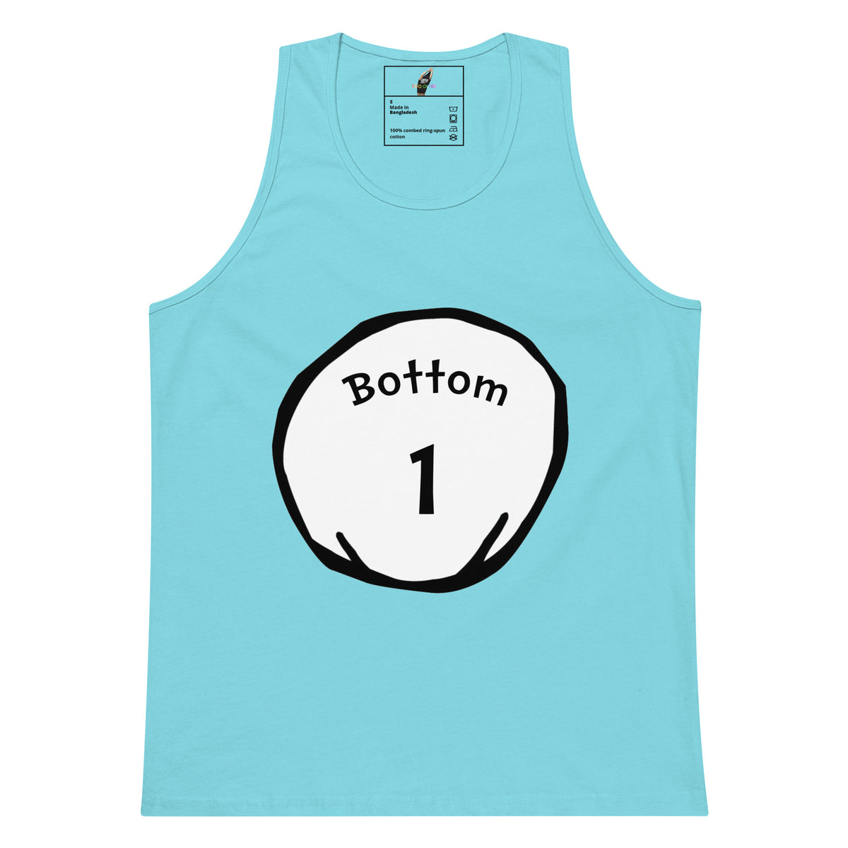 A light blue tank top with a white circular graphic on the chest containing the text 'Bottom 1' in black, displayed against a solid white background.