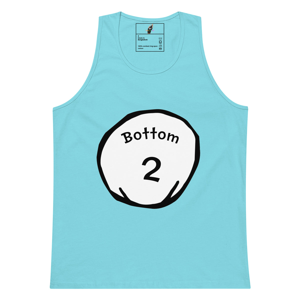 A light blue tank top with a white circular graphic on the chest containing the text 'Bottom 2' in black, shown against a plain white background.