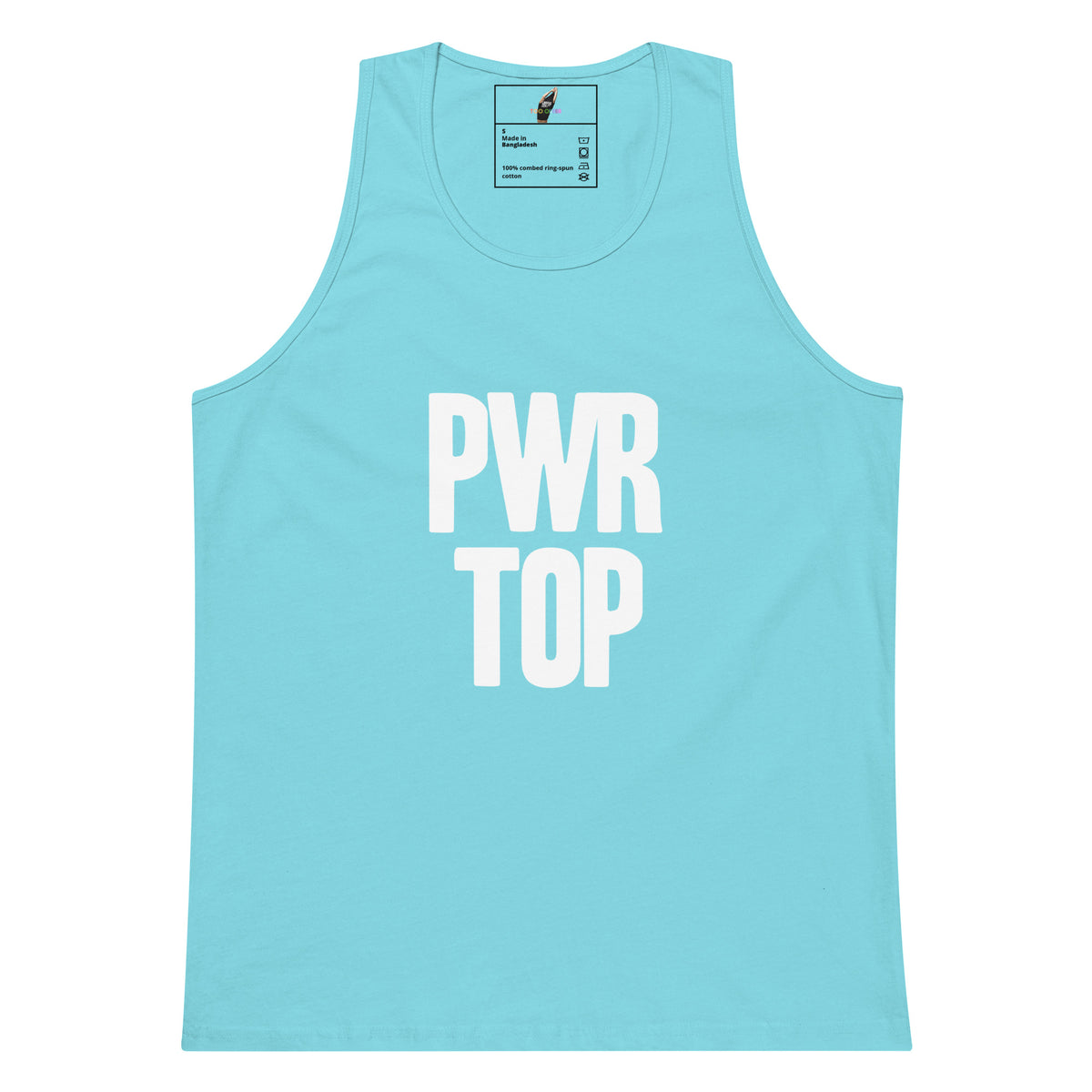 A light blue tank top with 'PWR TOP' printed in bold white letters on the front, displayed against a solid white background.
