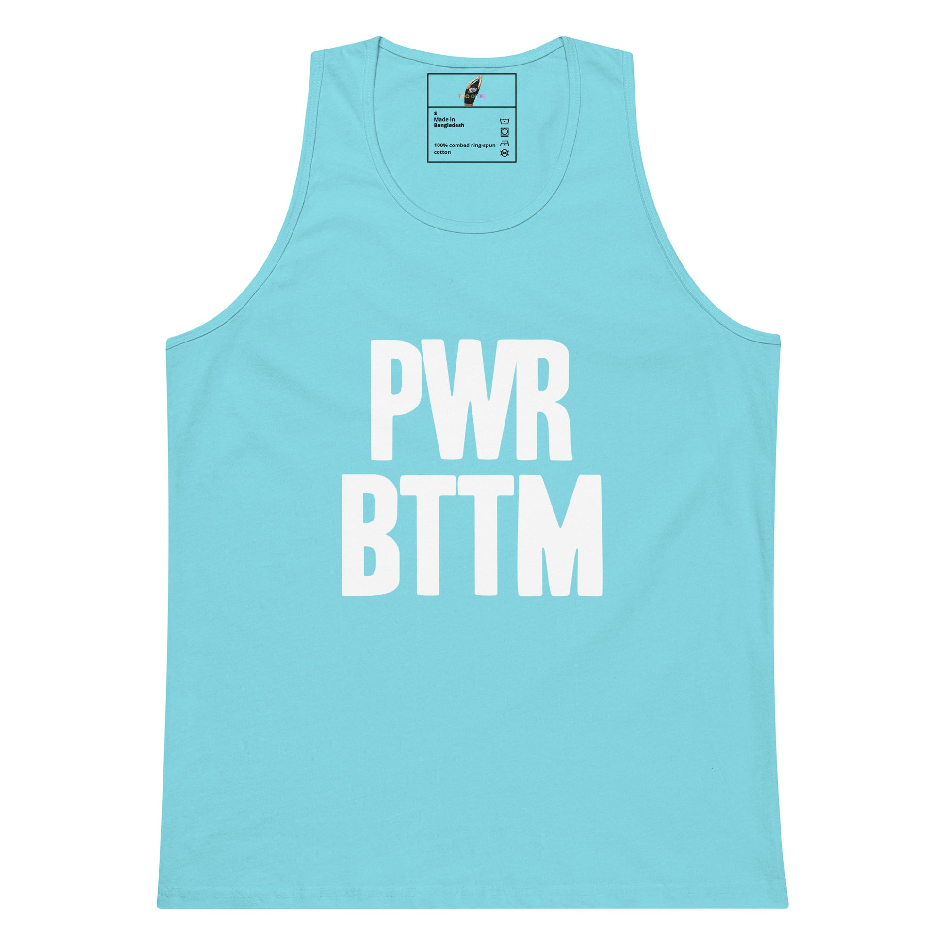 A light blue tank top with the words 'PWR BTTM' printed in bold white capital letters on the front, displayed against a solid white background.