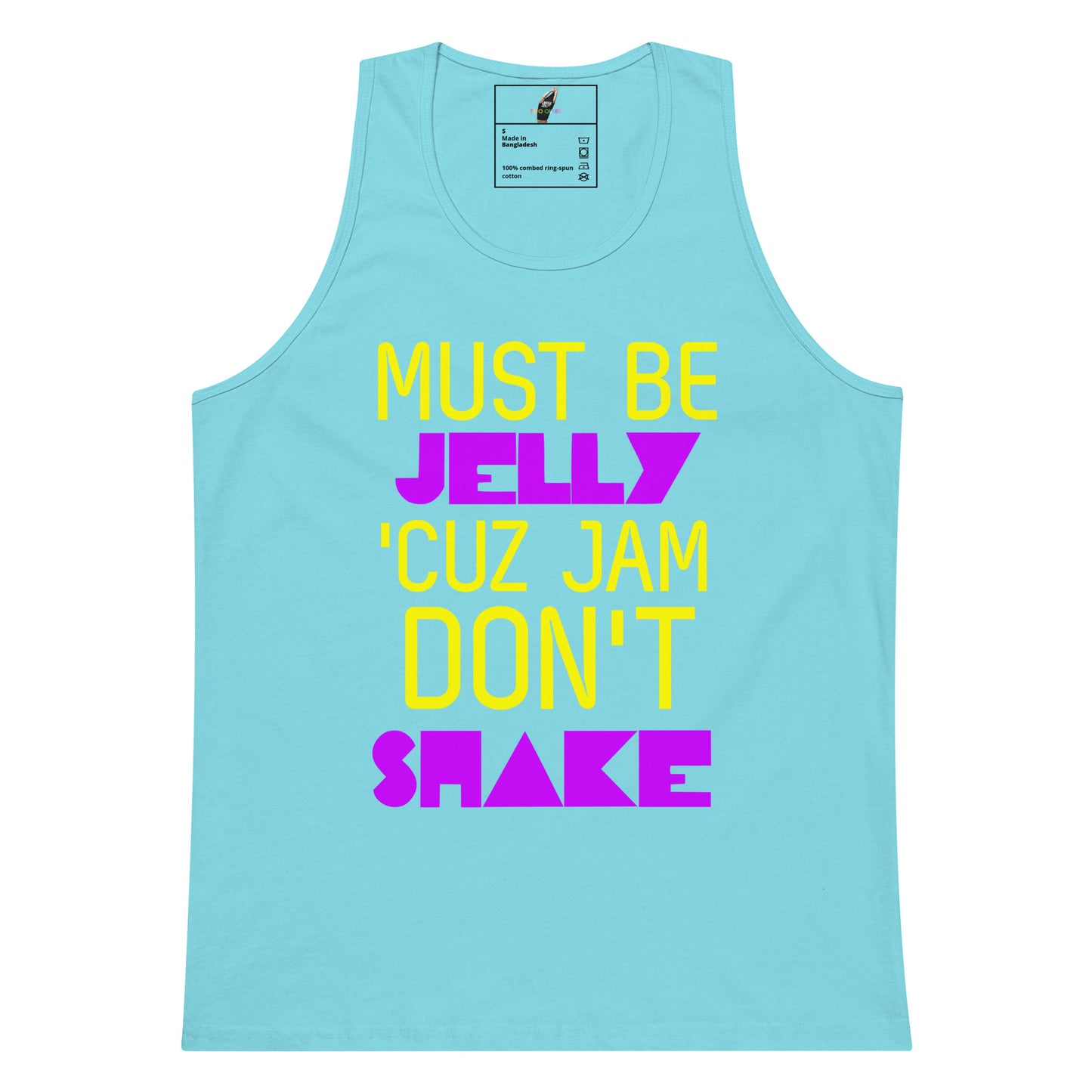 A light blue tank top with a colorful graphic text print reading 'MUST BE JELLY 'CUZ JAM DON'T SHAKE' in yellow and pink lettering, shown on a plain white background.