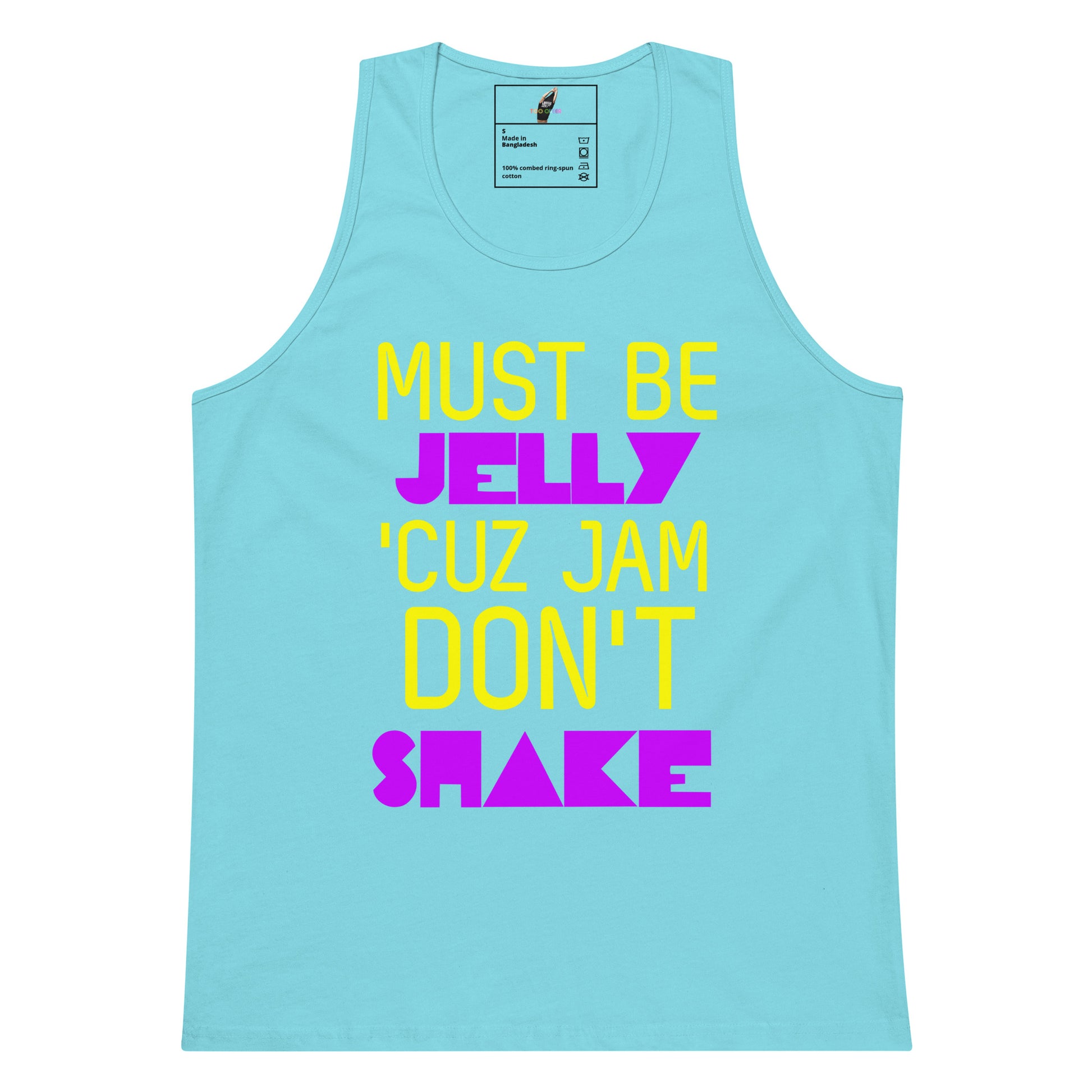 A light blue tank top with a colorful graphic text print reading 'MUST BE JELLY 'CUZ JAM DON'T SHAKE' in yellow and pink lettering, shown on a plain white background.