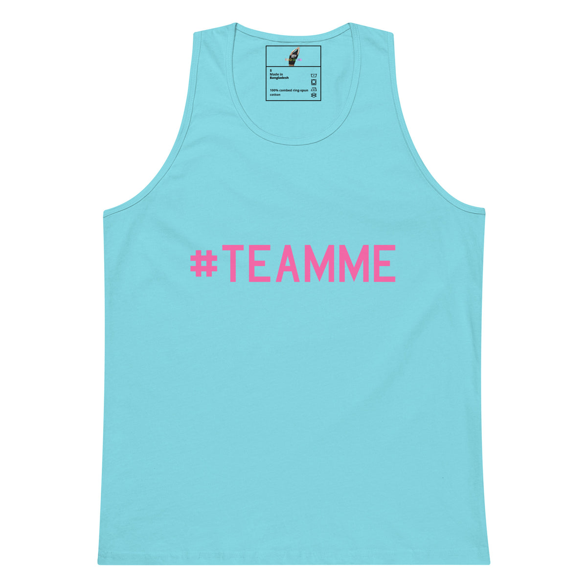 A light blue tank top with the text '#TEAMME' printed in bright pink across the chest, displayed flat against a solid white background.