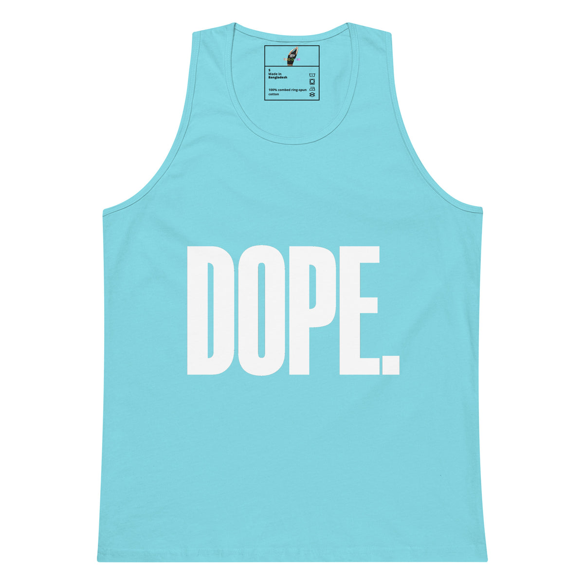 A light blue tank top with the word 'DOPE.' printed in large white block letters across the front, shown on a plain white background.