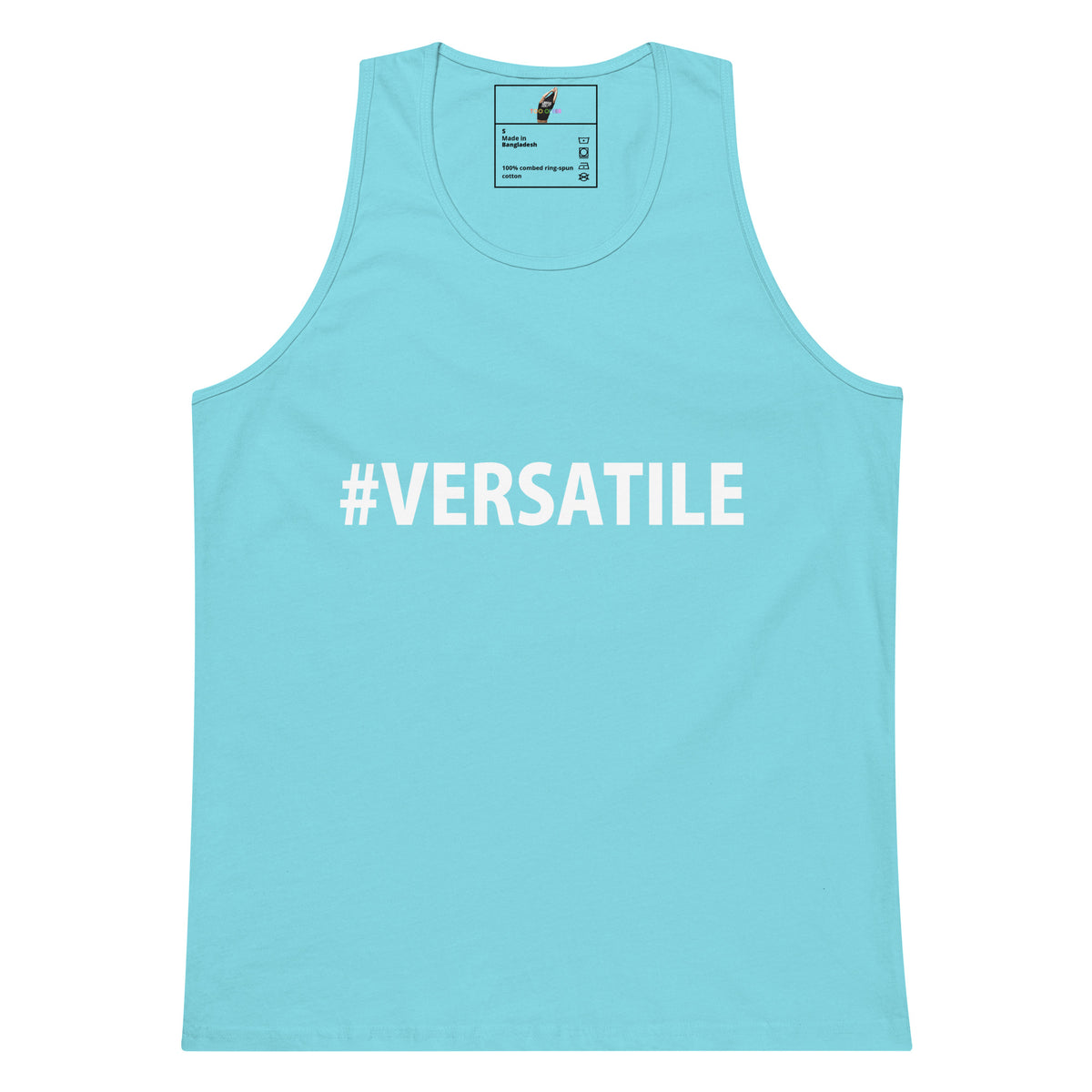 A light blue sleeveless tank top with the text '#VERSATILE' printed in white across the chest, displayed flat against a solid white background.