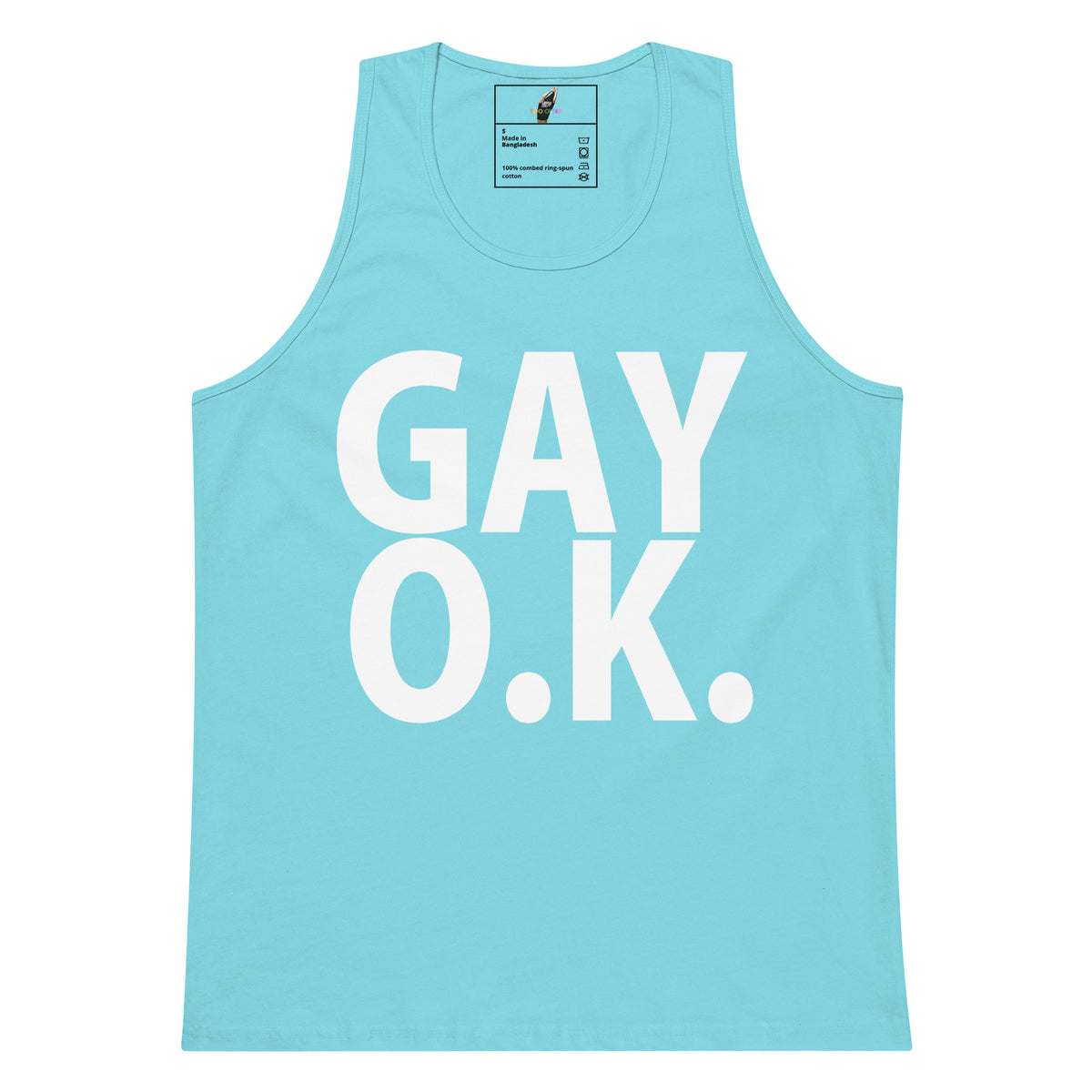 A light blue tank top with the words 'GAY O.K.