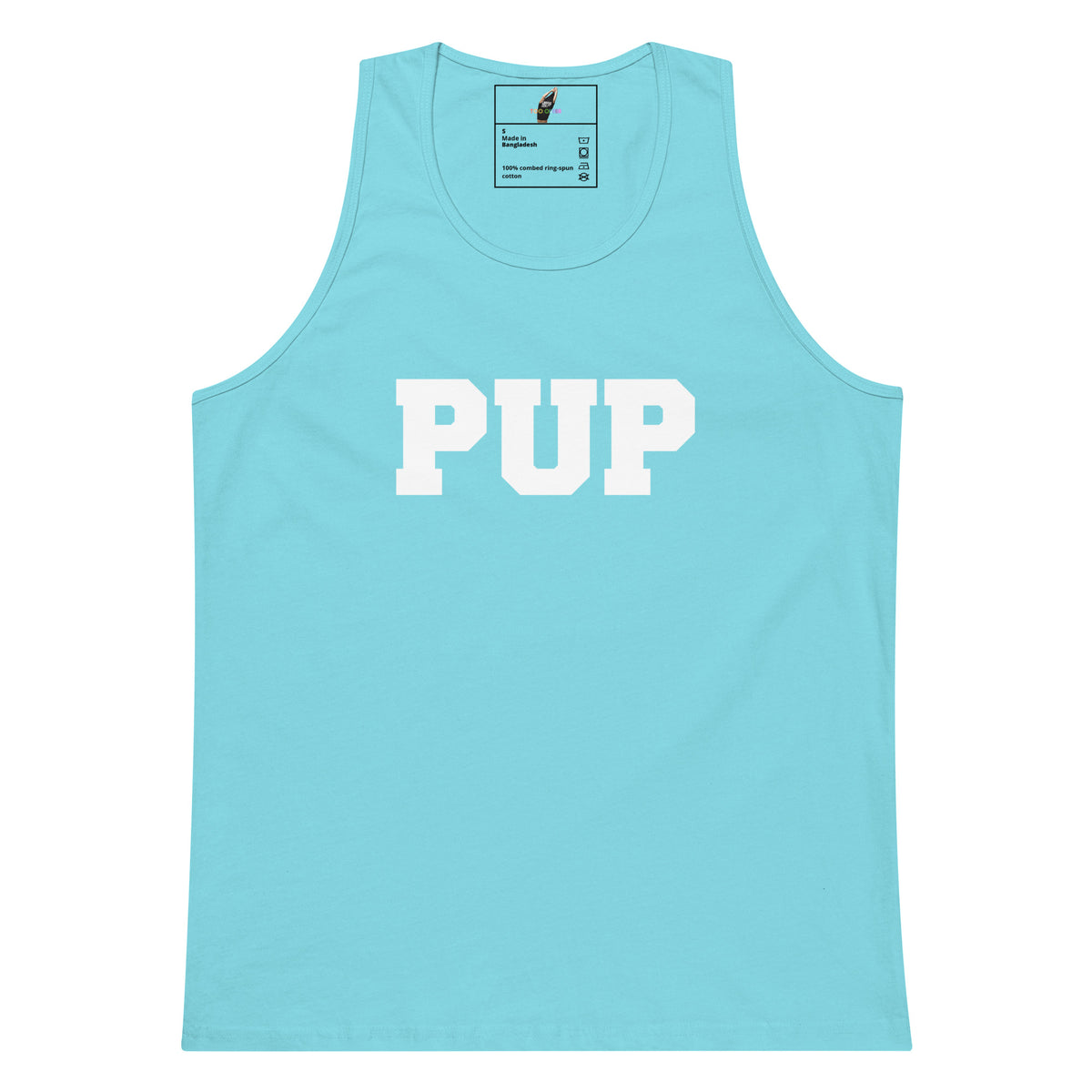 A light blue tank top with the word 'PUP' printed in bold white block letters across the chest, displayed flat against a solid white background.