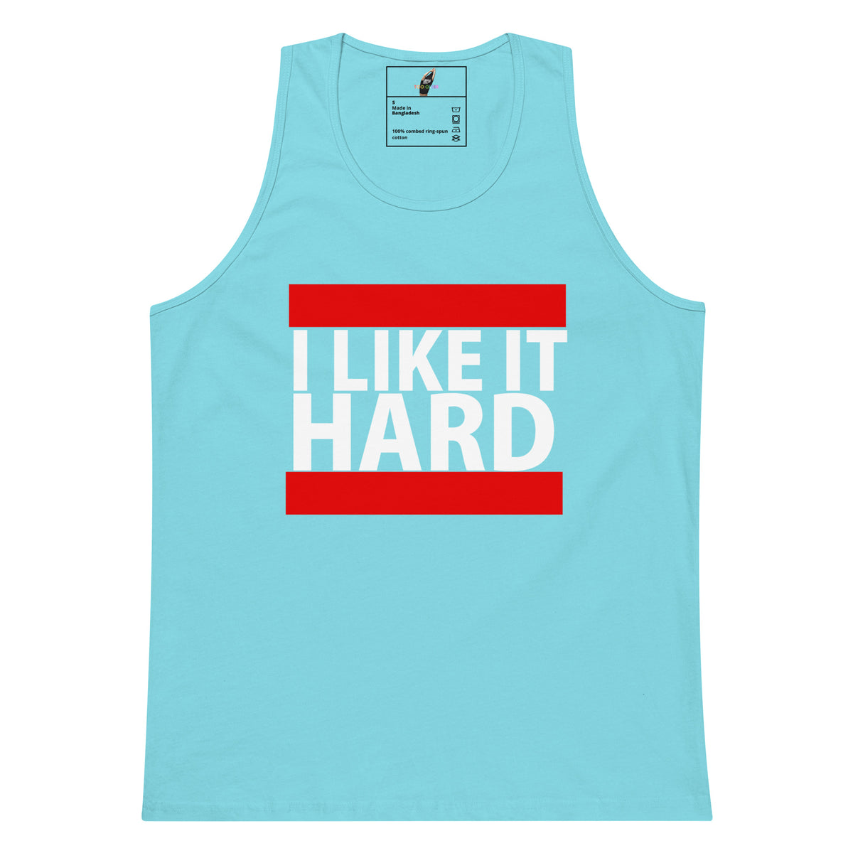 A light blue tank top with a graphic print reading 'I LIKE IT HARD' in white text between two red horizontal bars, shown on a plain white background.