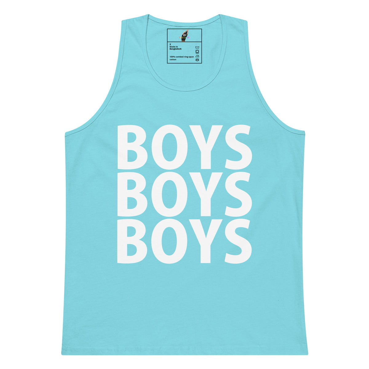 A light blue tank top featuring the word 'BOYS' printed vertically in large white block letters, repeated three times to read 'BOYS BOYS BOYS'.