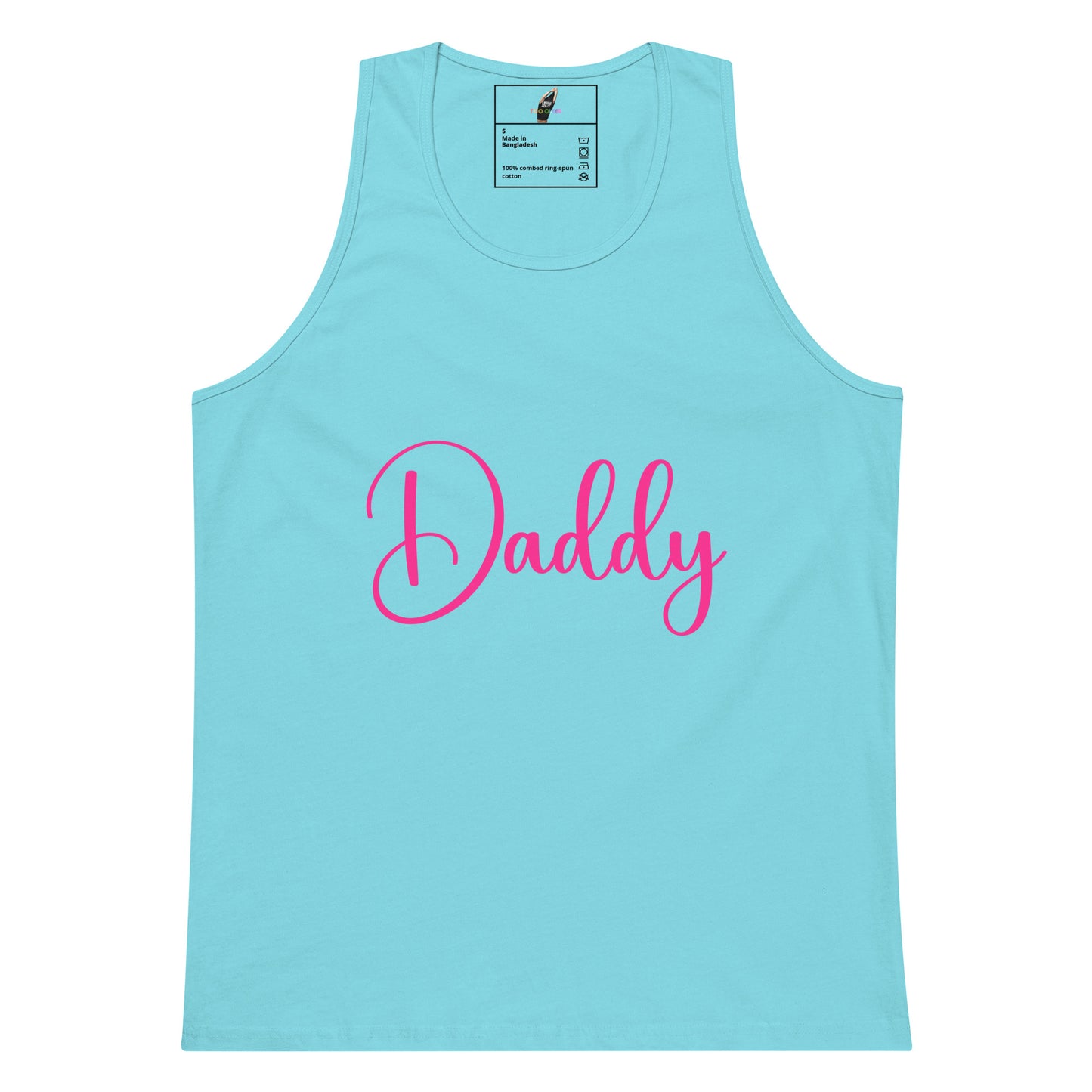 A light blue tank top with the word 'Daddy' printed across the chest in bright pink cursive script, shown against a plain white background.