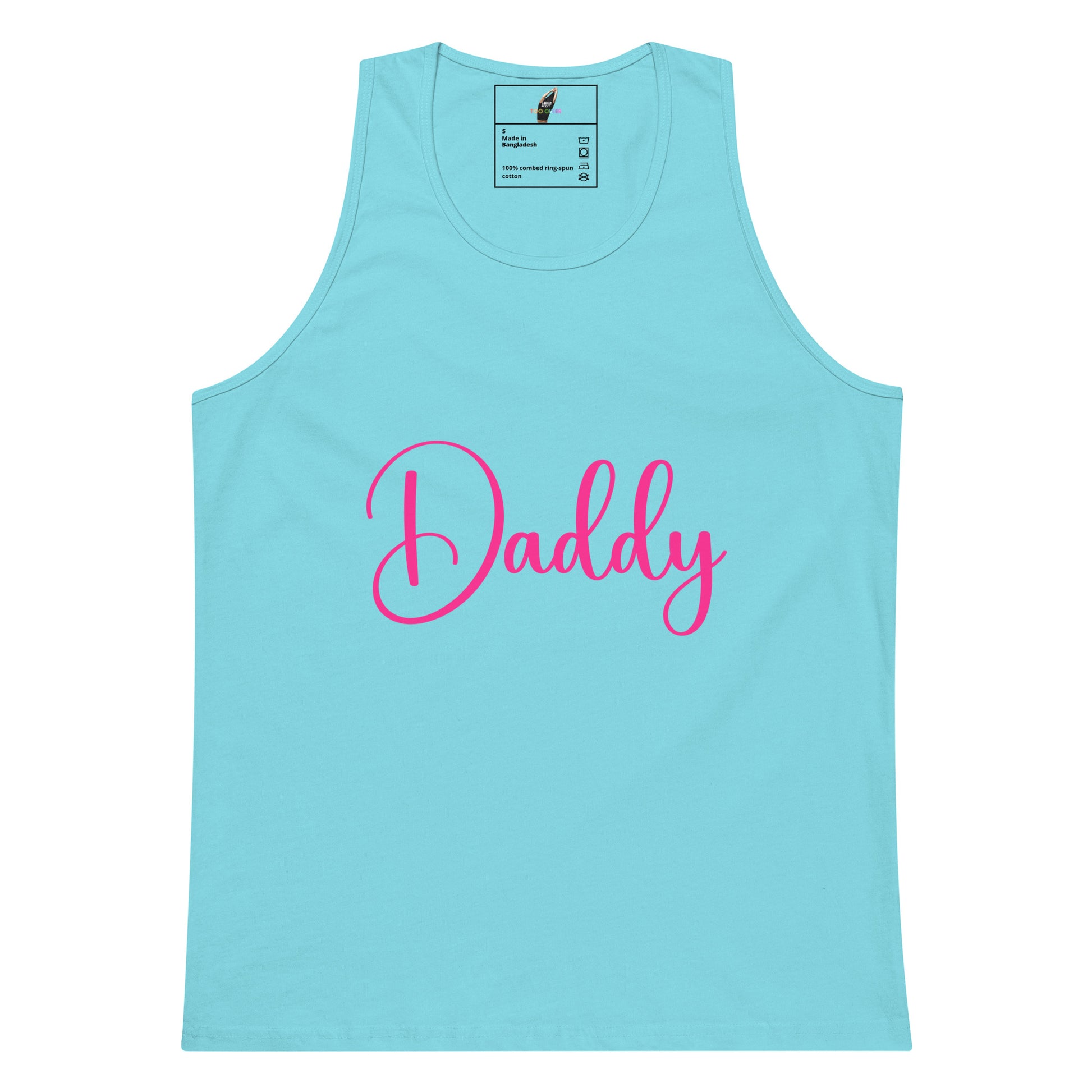 A light blue tank top with the word 'Daddy' printed across the chest in bright pink cursive script, shown against a plain white background.