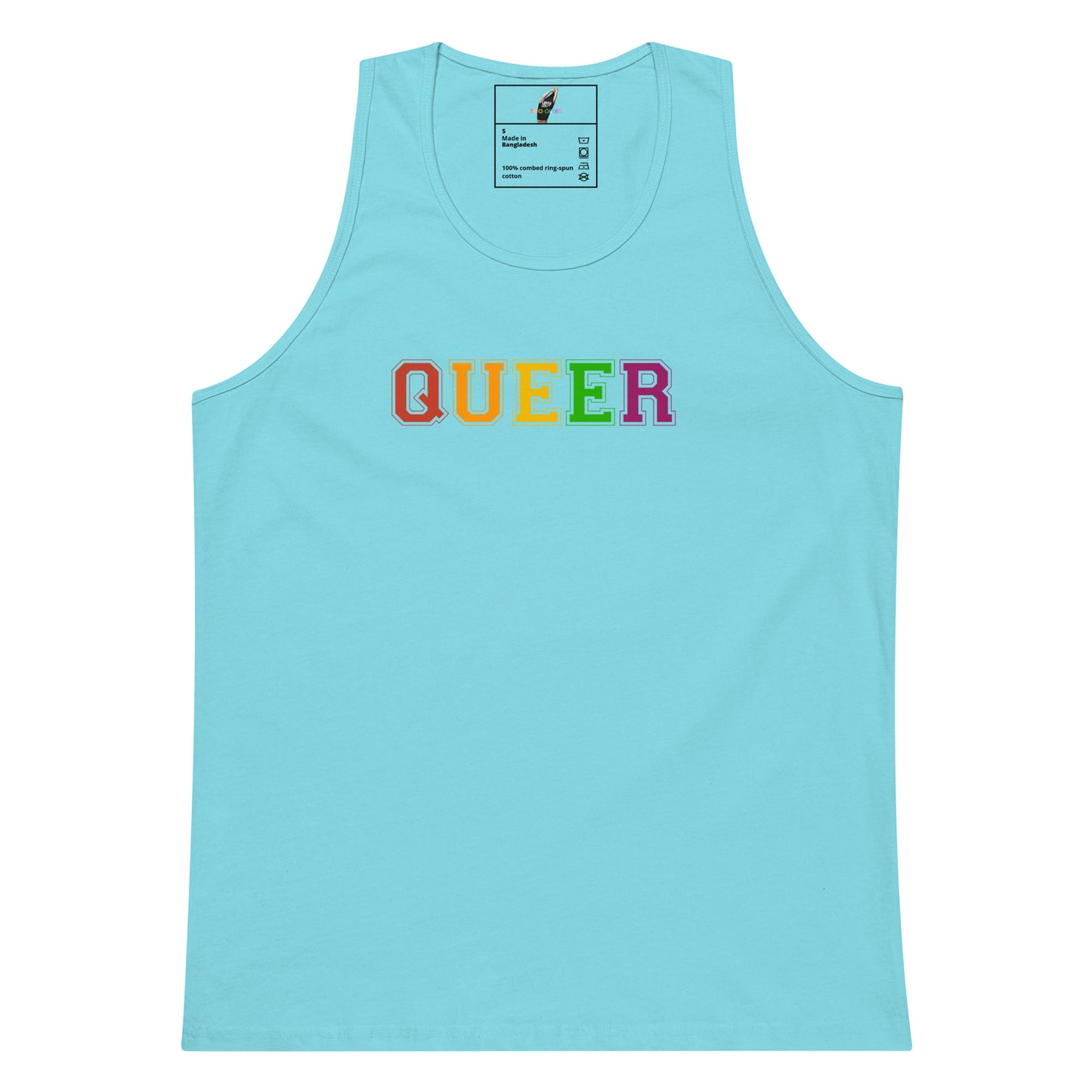 A light blue tank top featuring the word 'QUEER' printed across the chest in rainbow-colored letters, displayed on a solid white background.