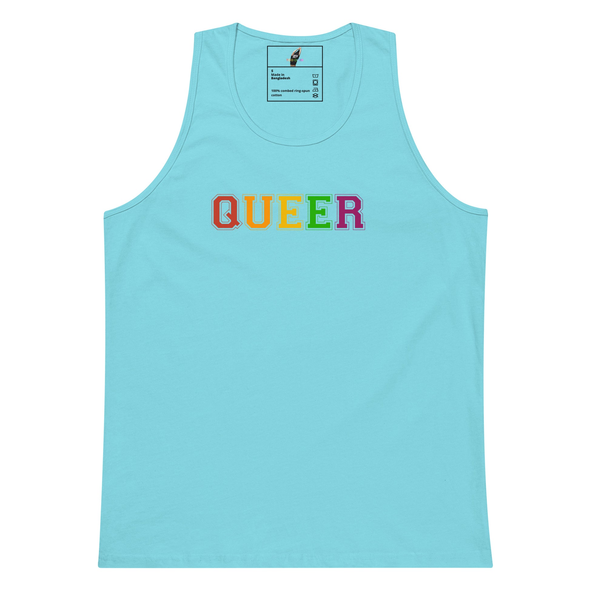 A light blue tank top featuring the word 'QUEER' printed across the chest in rainbow-colored letters, displayed on a solid white background.