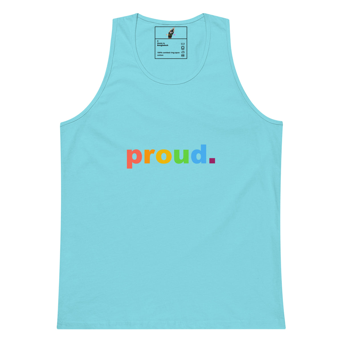 A light blue tank top with the word 'proud.' printed across the chest in rainbow colors, shown flat against a white background.