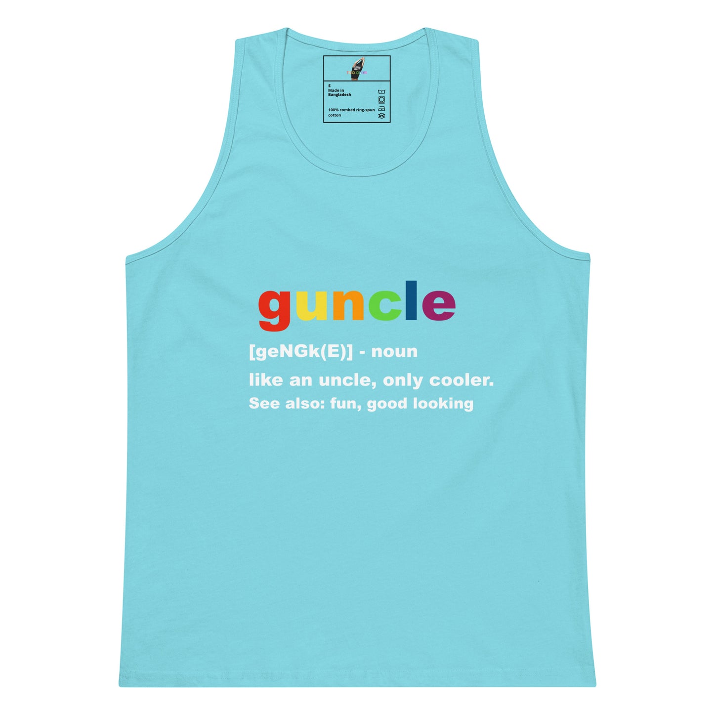 A light blue tank top with a colorful graphic on the chest spelling 'uncle' in rainbow colors, with a dictionary-style definition underneath in white text.