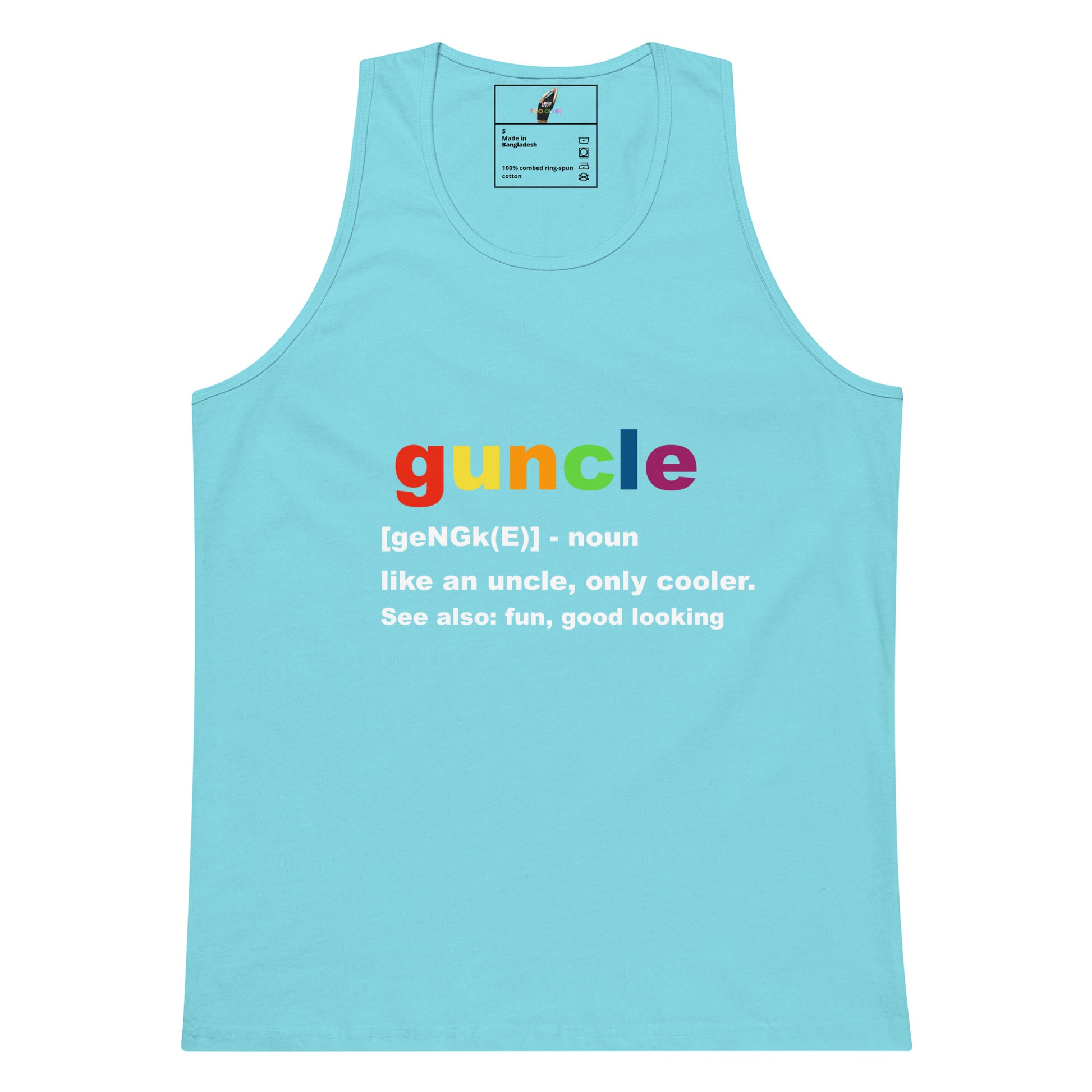 A light blue tank top with a colorful graphic on the chest spelling 'uncle' in rainbow colors, with a dictionary-style definition underneath in white text.
