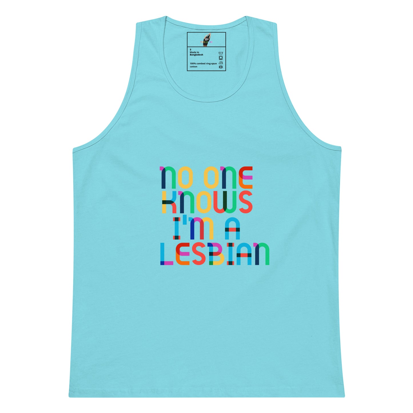 A light blue tank top featuring the text 'no one knows i'm a LESBIAN' printed in a colorful, overlapping retro font on the front. The neck label shows the brand 'Bitch Culture'.