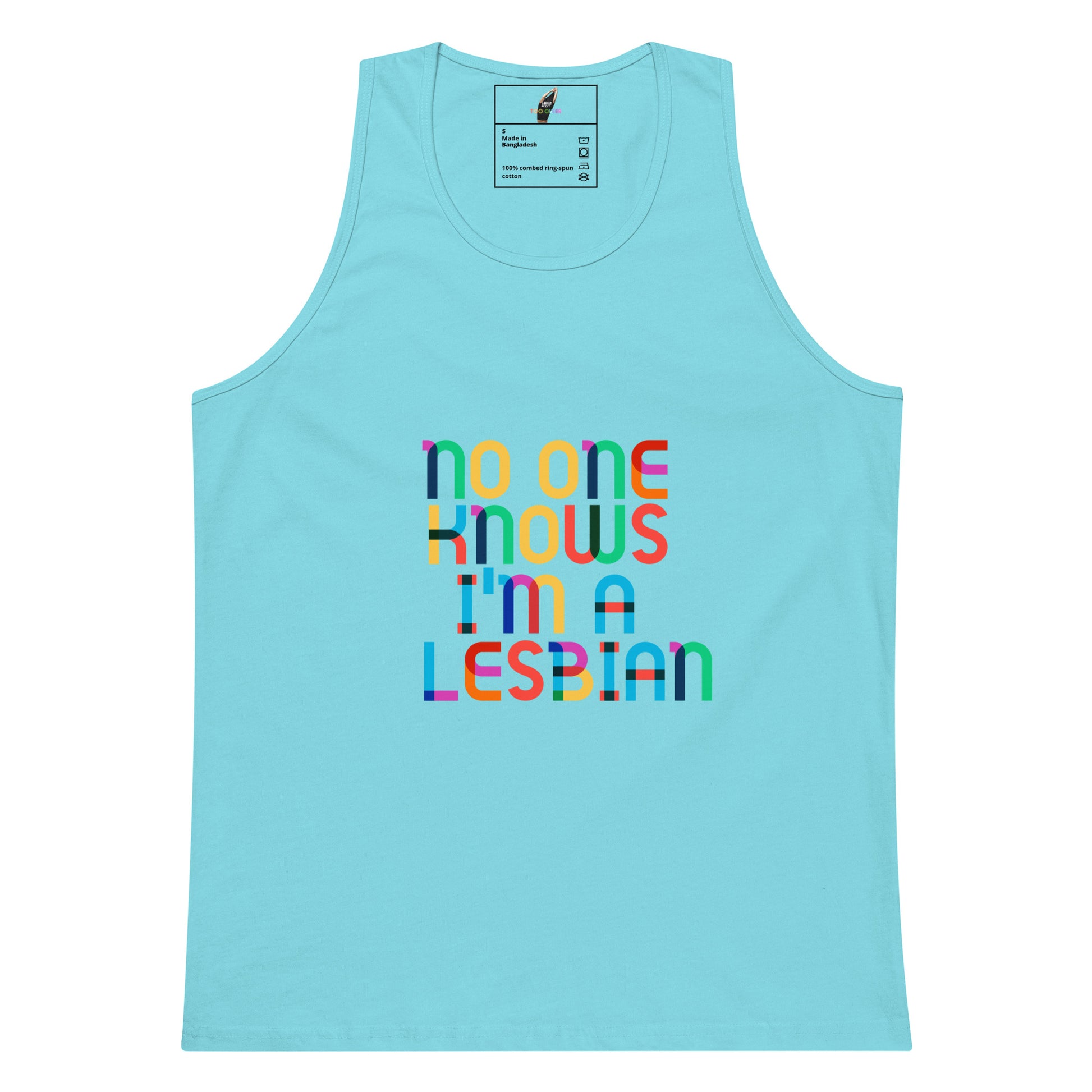 A light blue tank top featuring the text 'no one knows i'm a LESBIAN' printed in a colorful, overlapping retro font on the front. The neck label shows the brand 'Bitch Culture'.