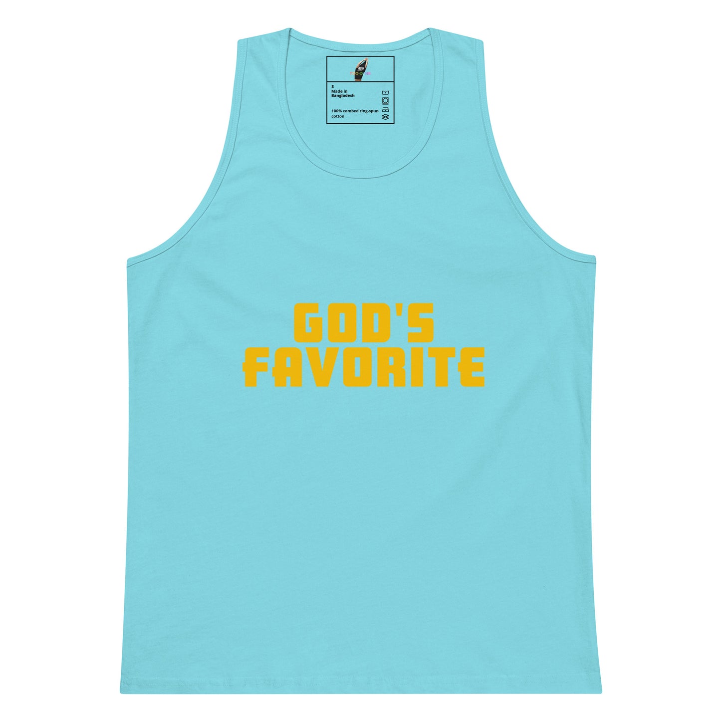 A light blue tank top with the phrase 'GOD'S FAVORITE' printed across the chest in bold yellow block letters, displayed flat against a solid white background.