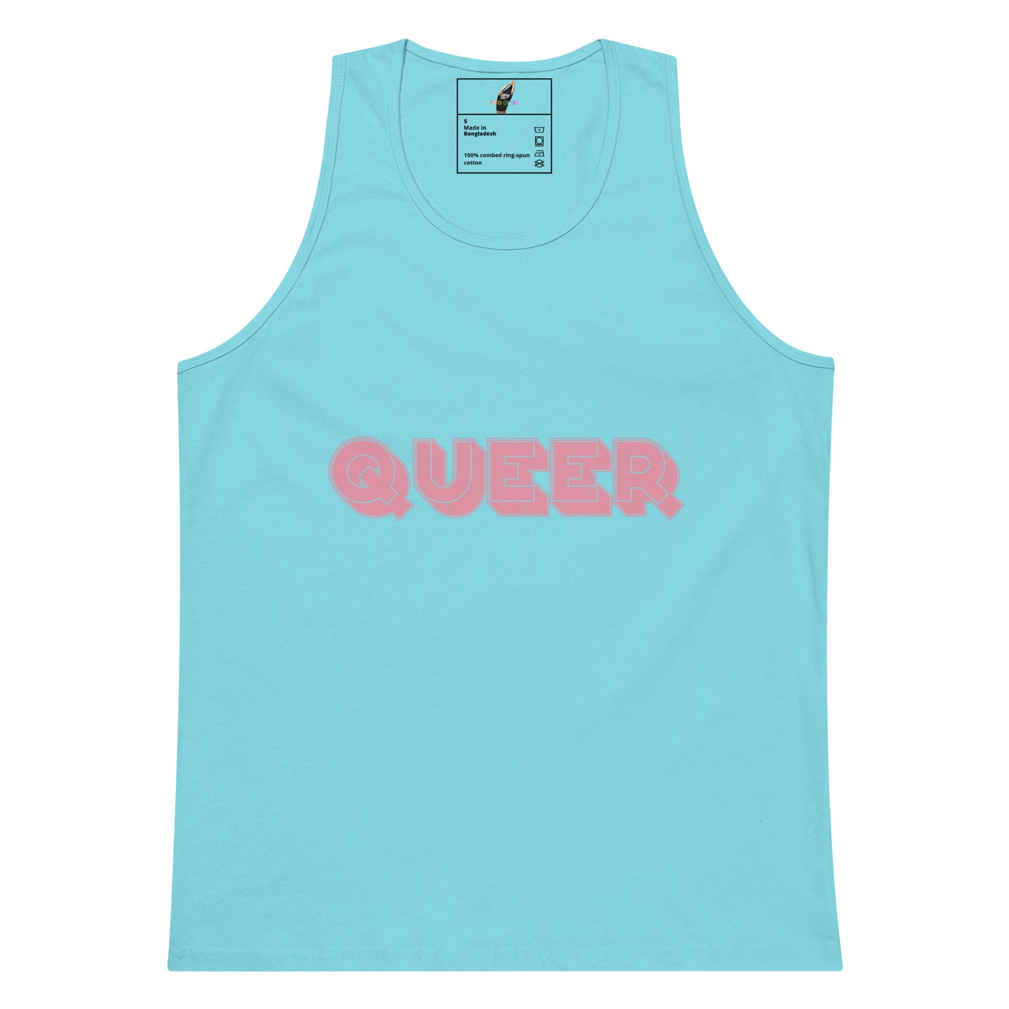 A light blue tank top with the word 'QUEER' printed across the chest in pink bubble letters, shown flat against a white background.