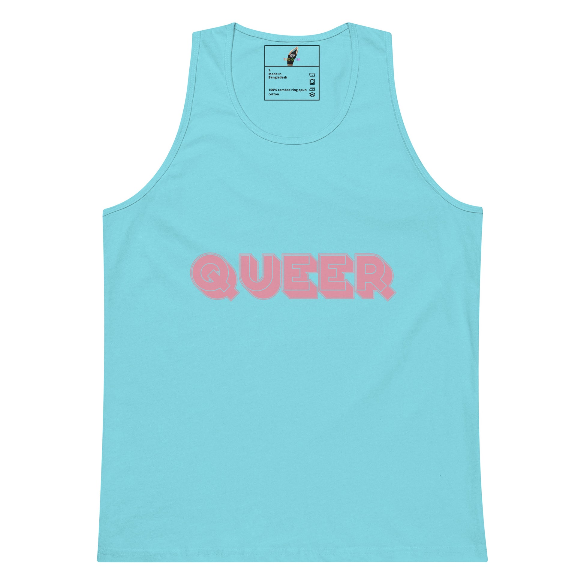 A light blue tank top with the word 'QUEER' printed across the chest in pink bubble letters, shown flat against a white background.