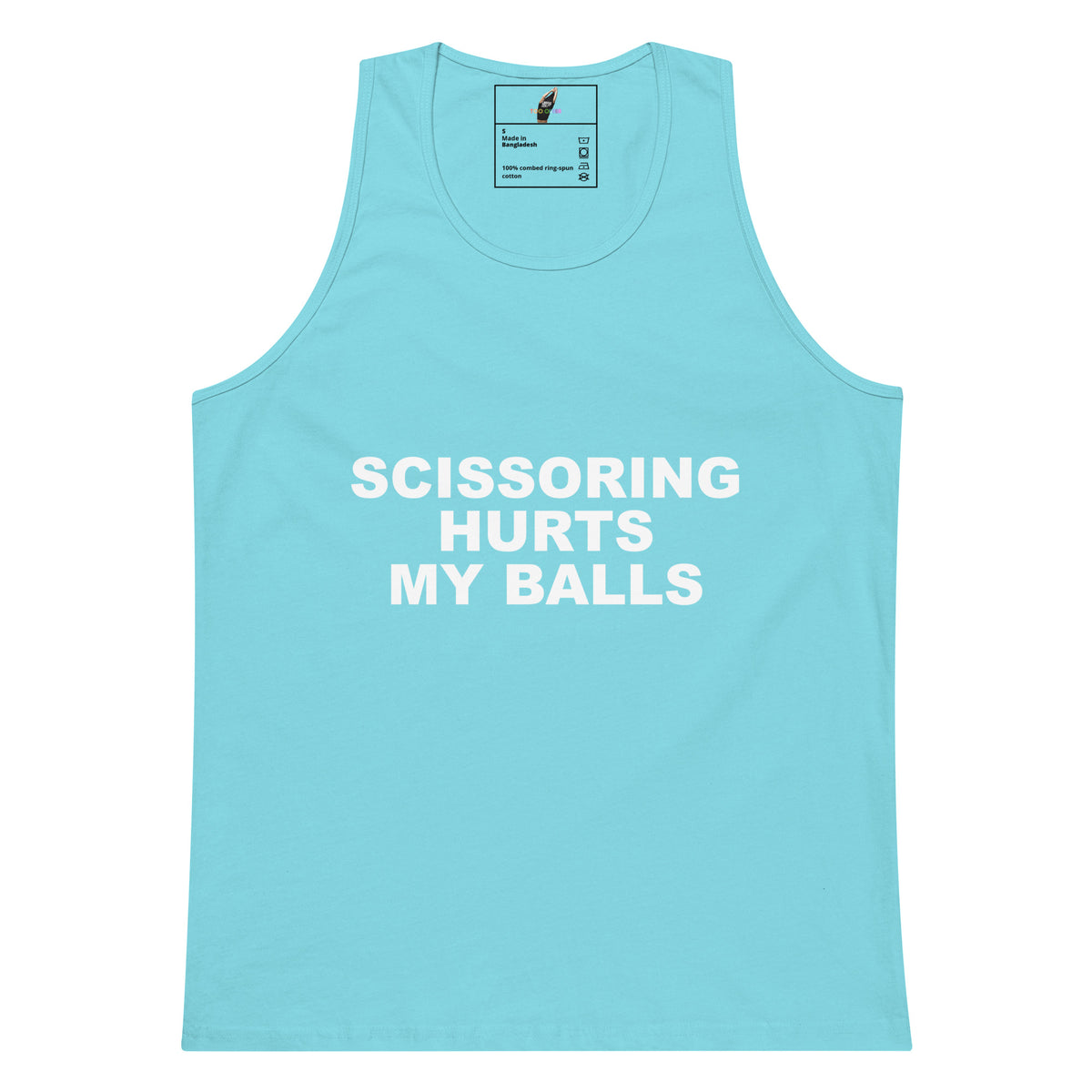 A light blue tank top with the phrase 'SCISSORING HURTS MY BALLS' printed in bold white capital letters across the chest, displayed flat against a solid white background.