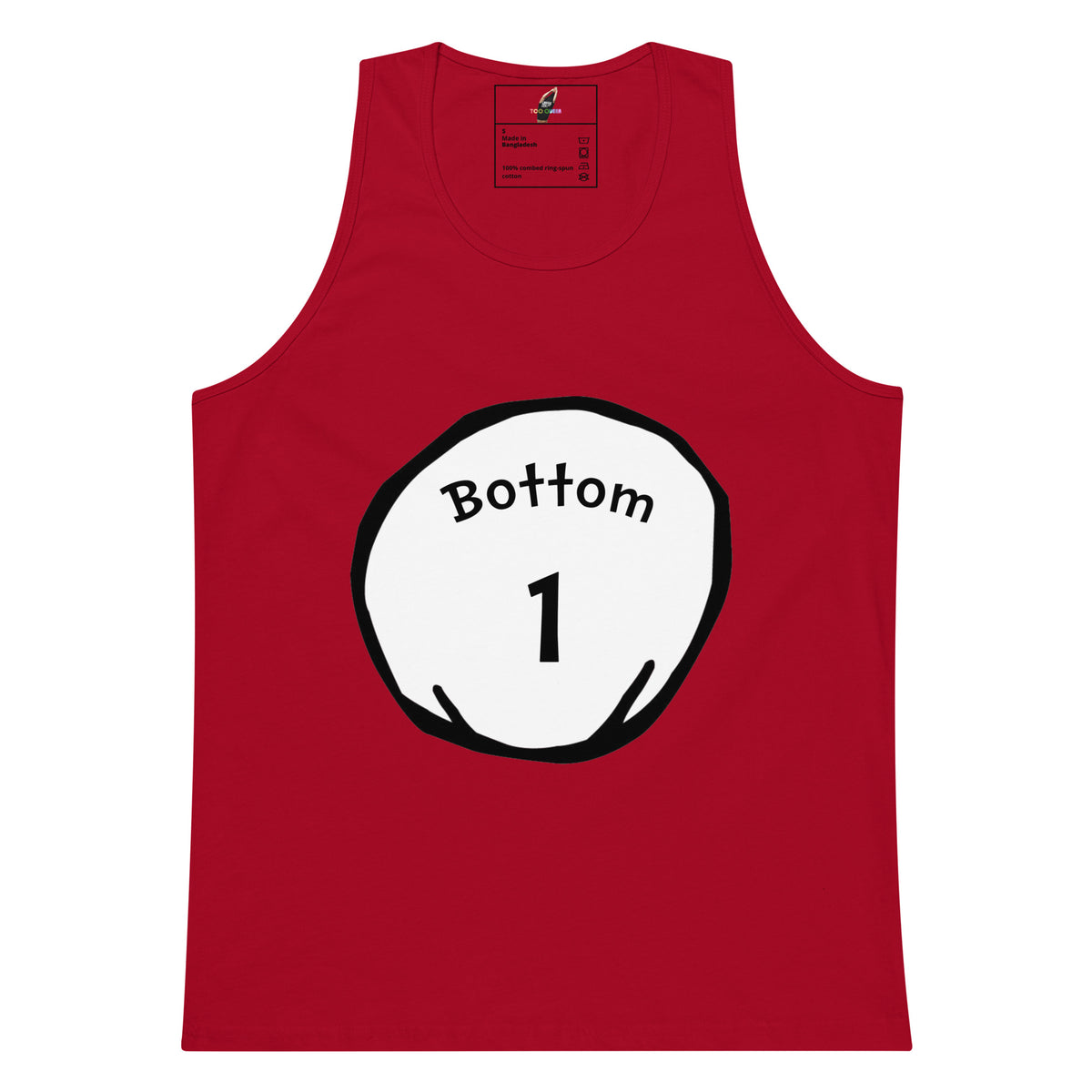 A red sleeveless tank top with a white circular graphic on the chest containing the text 'Bottom' and the number '1' in black.