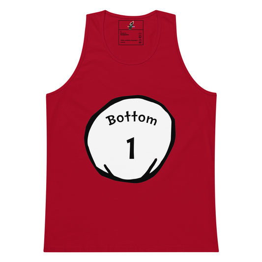 A red sleeveless tank top with a white circular graphic on the chest containing the text 'Bottom' and the number '1' in black.