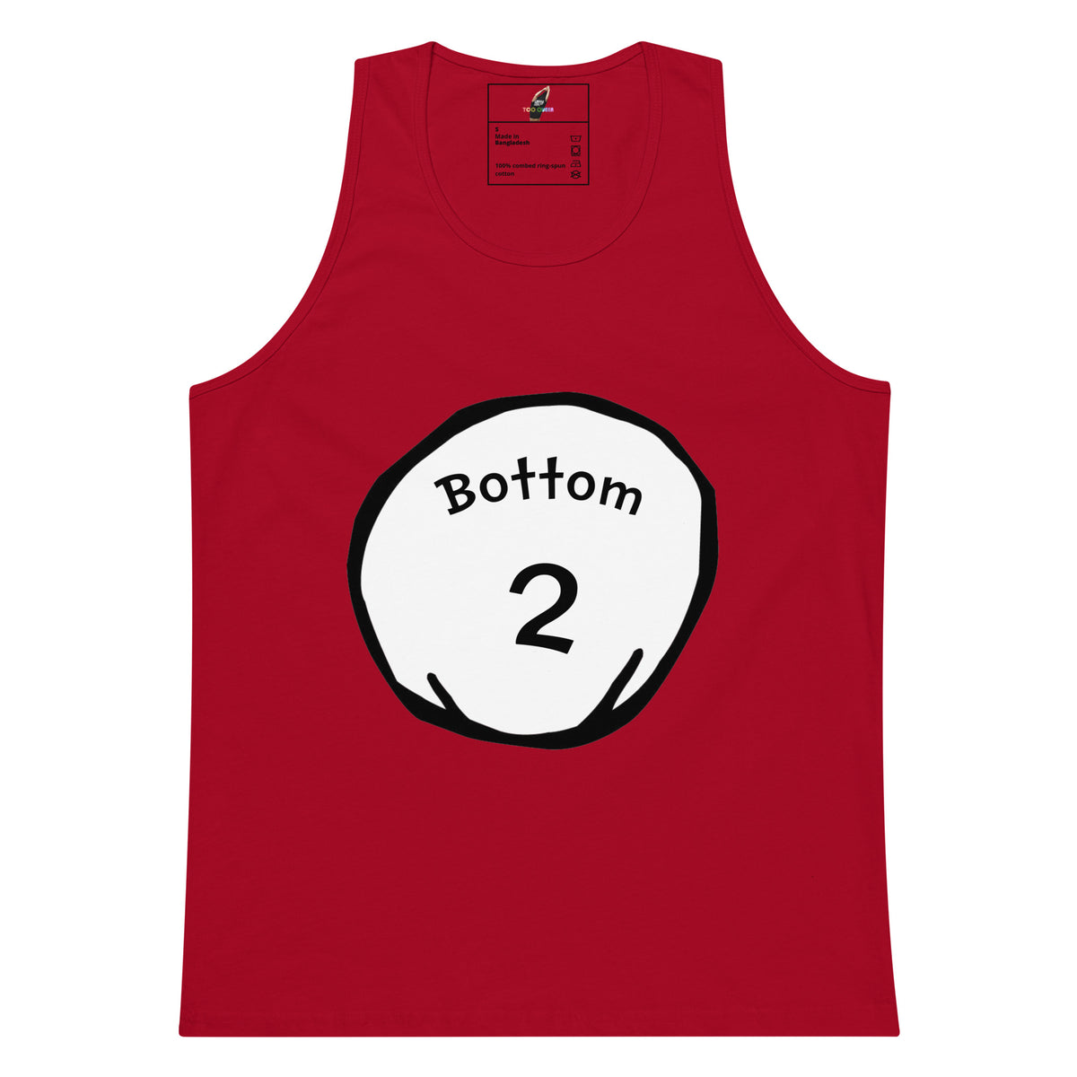 A red sleeveless tank top with a white circular graphic on the chest containing the text 'Bottom' and the number '2' in black.