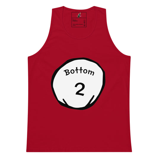 A red sleeveless tank top with a white circular graphic on the chest containing the text 'Bottom' and the number '2' in black.