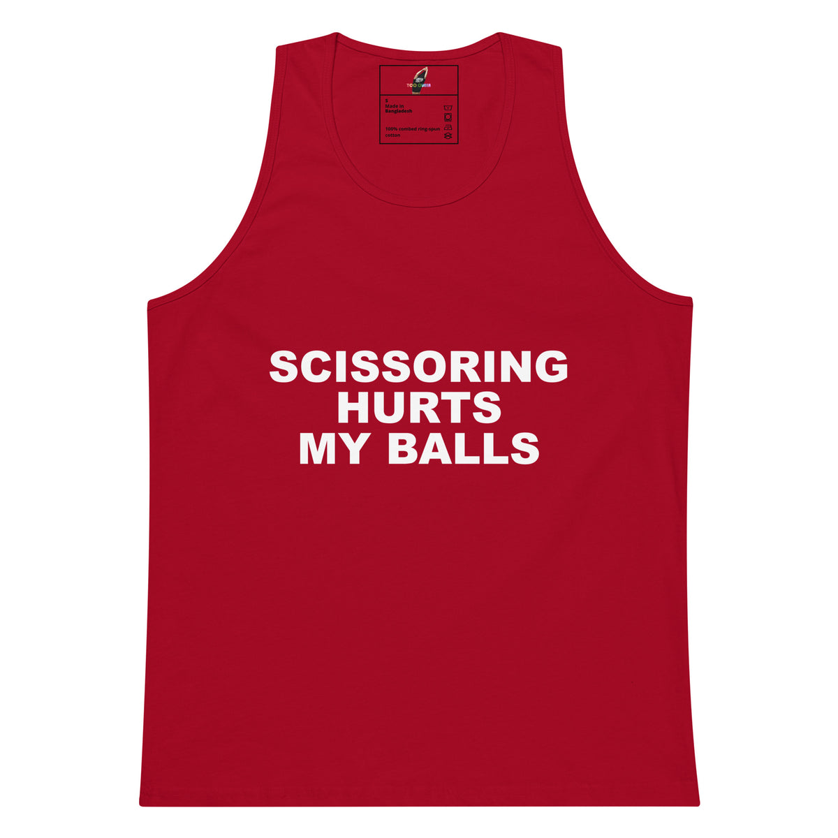 A red sleeveless tank top with bold white text on the front reading 'SCISSORING HURTS MY BALLS', shown flat against a plain white background.