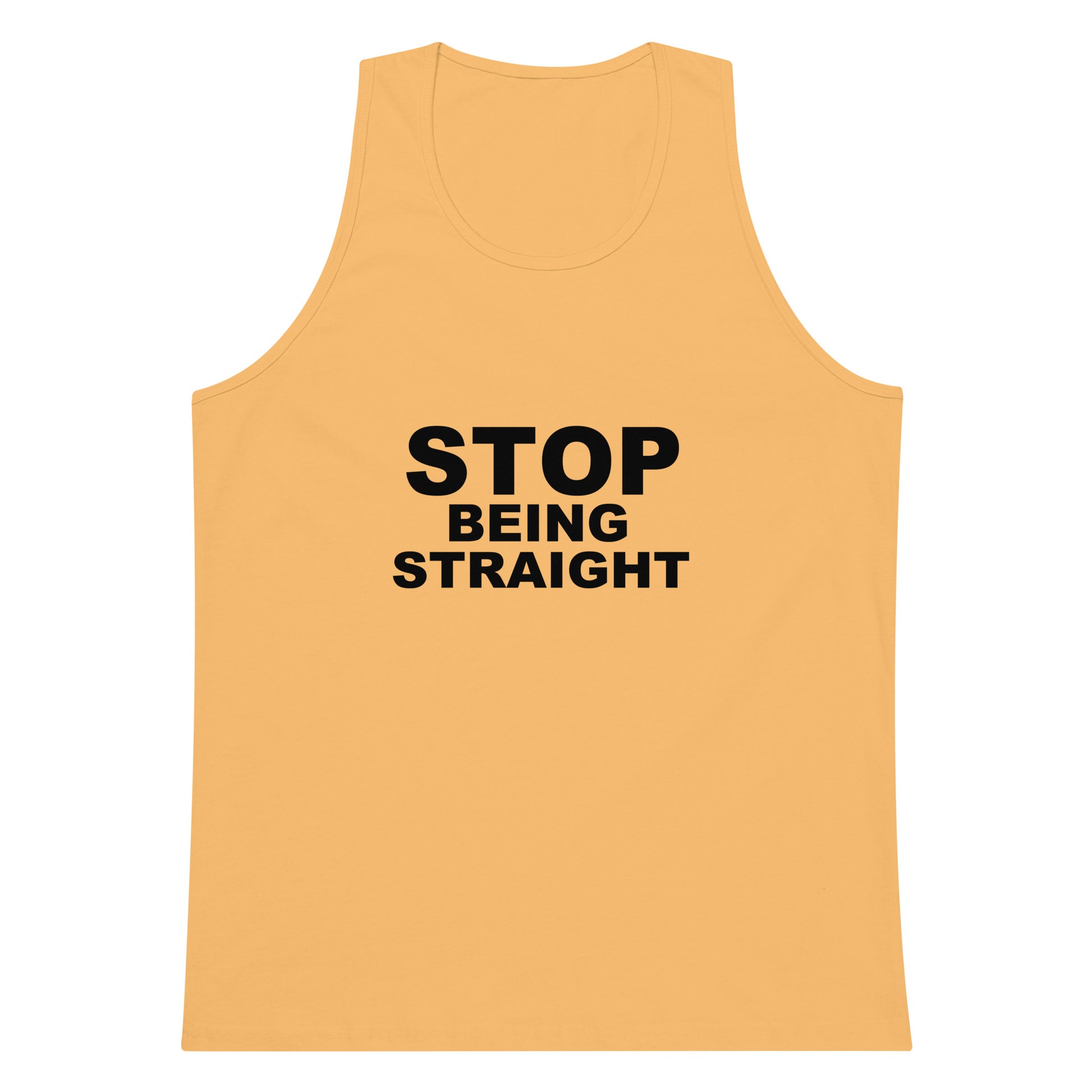 Yellow tank top with 'STOP BEING STRAIGHT' text on a white background