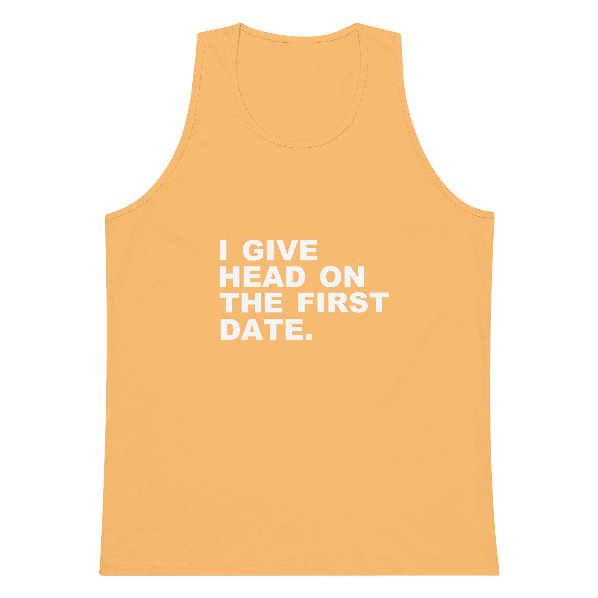 Yellow tank top with white text on a white background