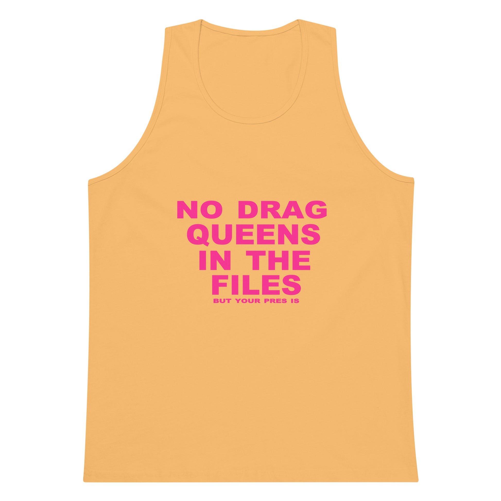 Yellow tank top with pink text on a white background