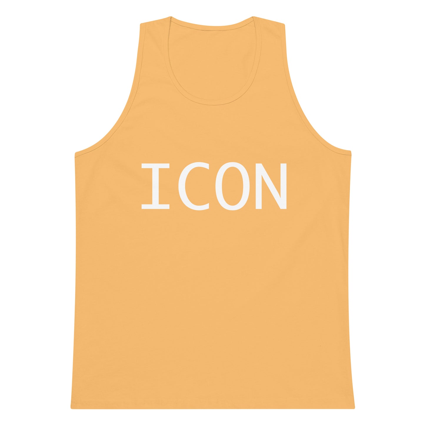 Yellow tank top with 'ICON' printed on it against a white background