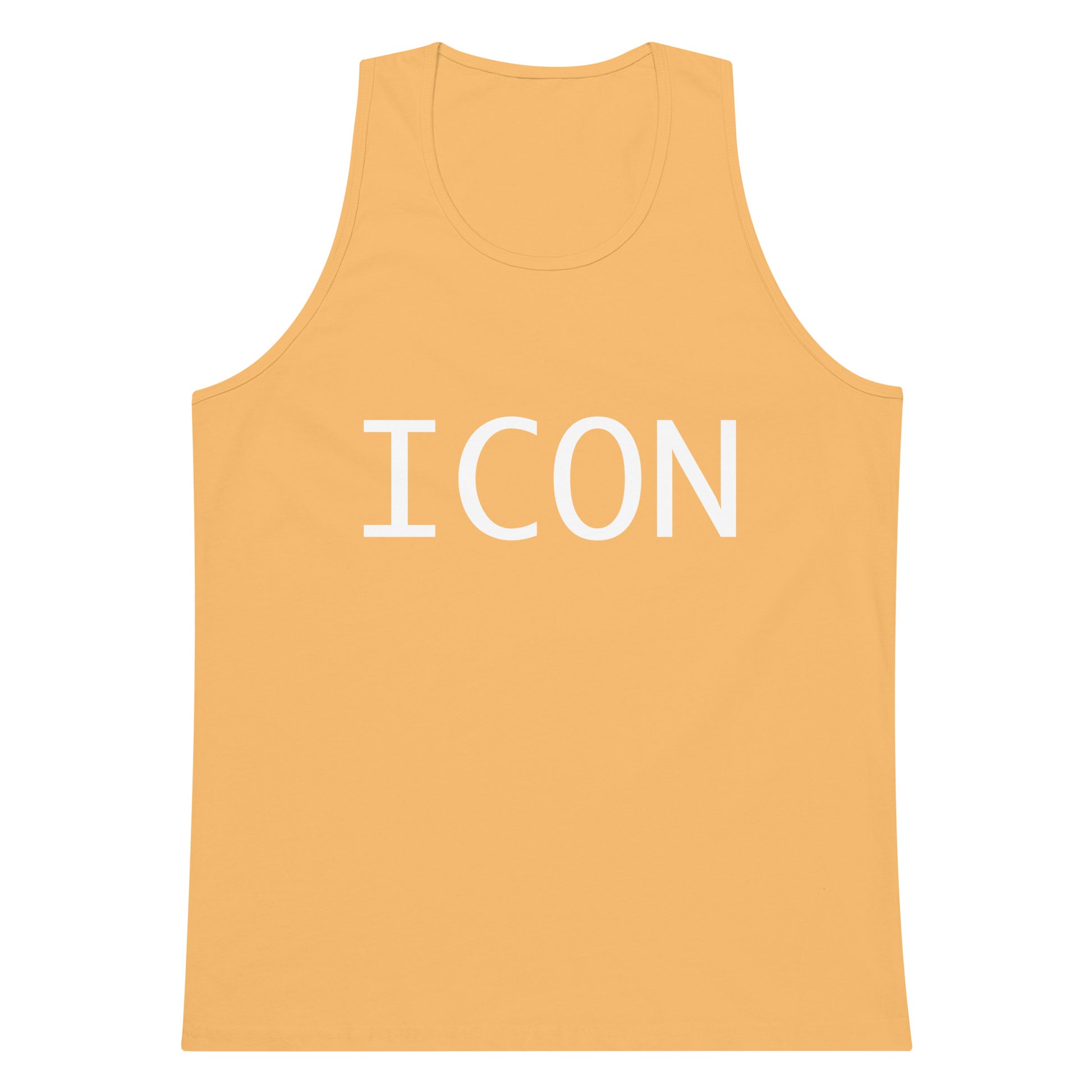 Yellow tank top with 'ICON' printed on it against a white background