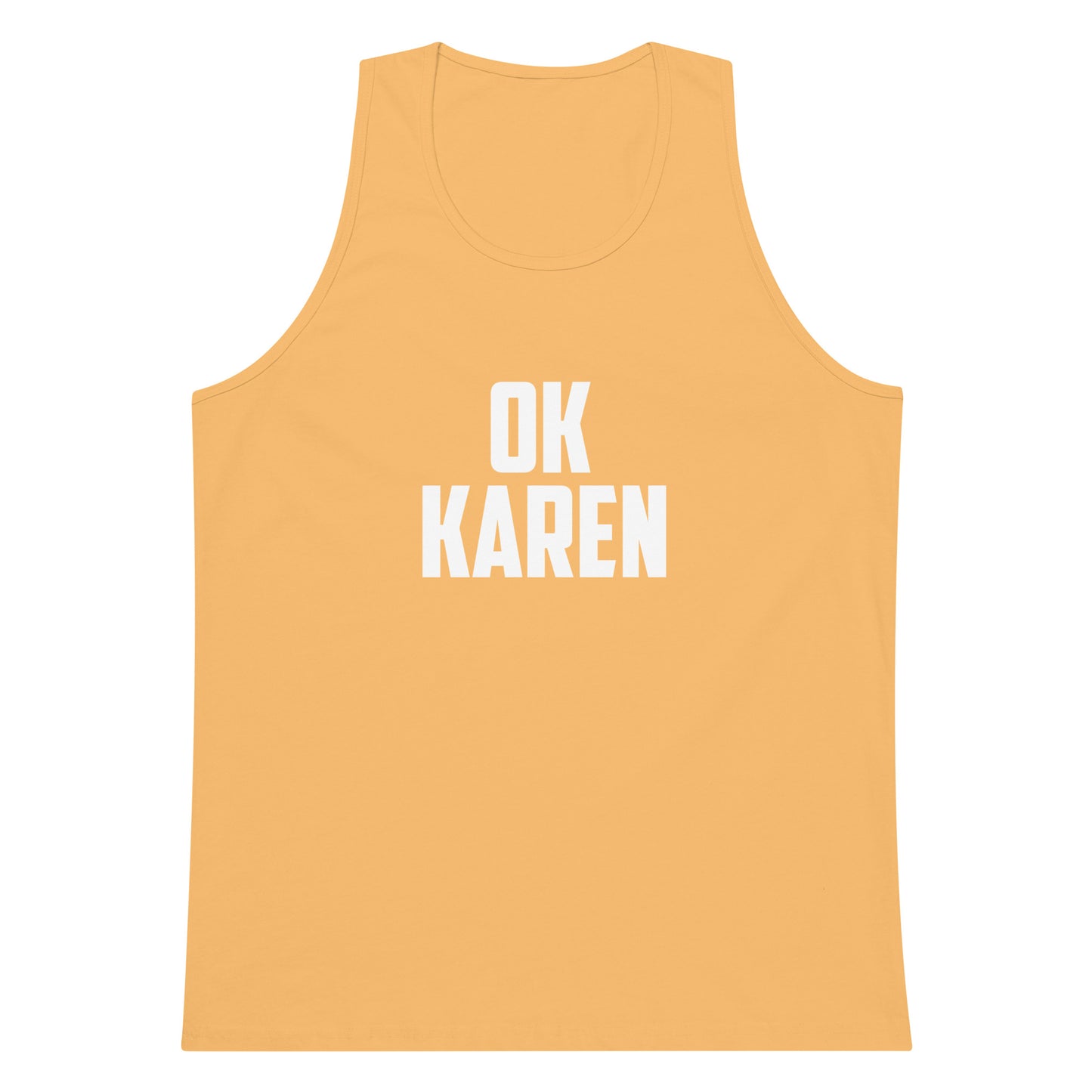 A yellow-orange tank top with the text 'OK KAREN' printed in bold white capital letters on the chest, displayed against a solid white background.