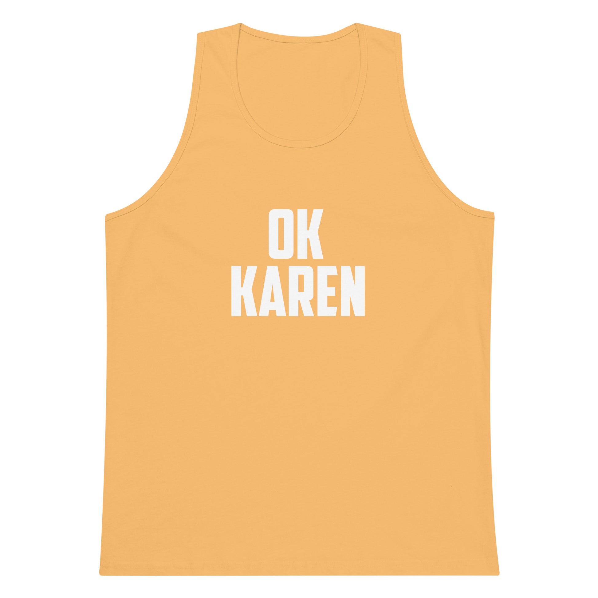 A yellow-orange tank top with the text 'OK KAREN' printed in bold white capital letters on the chest, displayed against a solid white background.