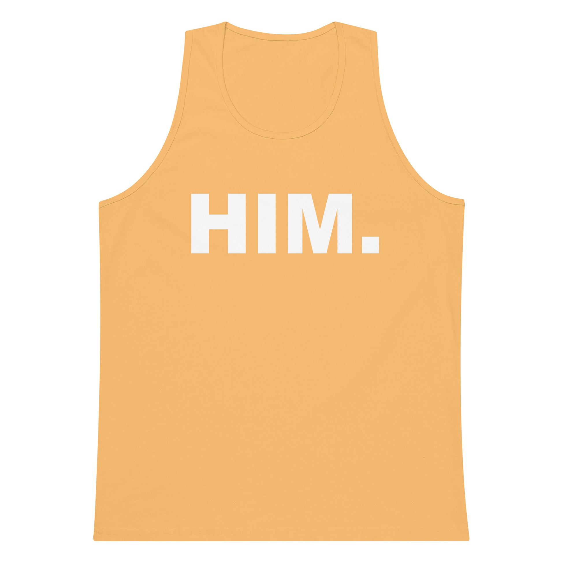A yellow-orange tank top with the word 'HIM.' printed in bold white capital letters across the chest, shown on a plain white background.